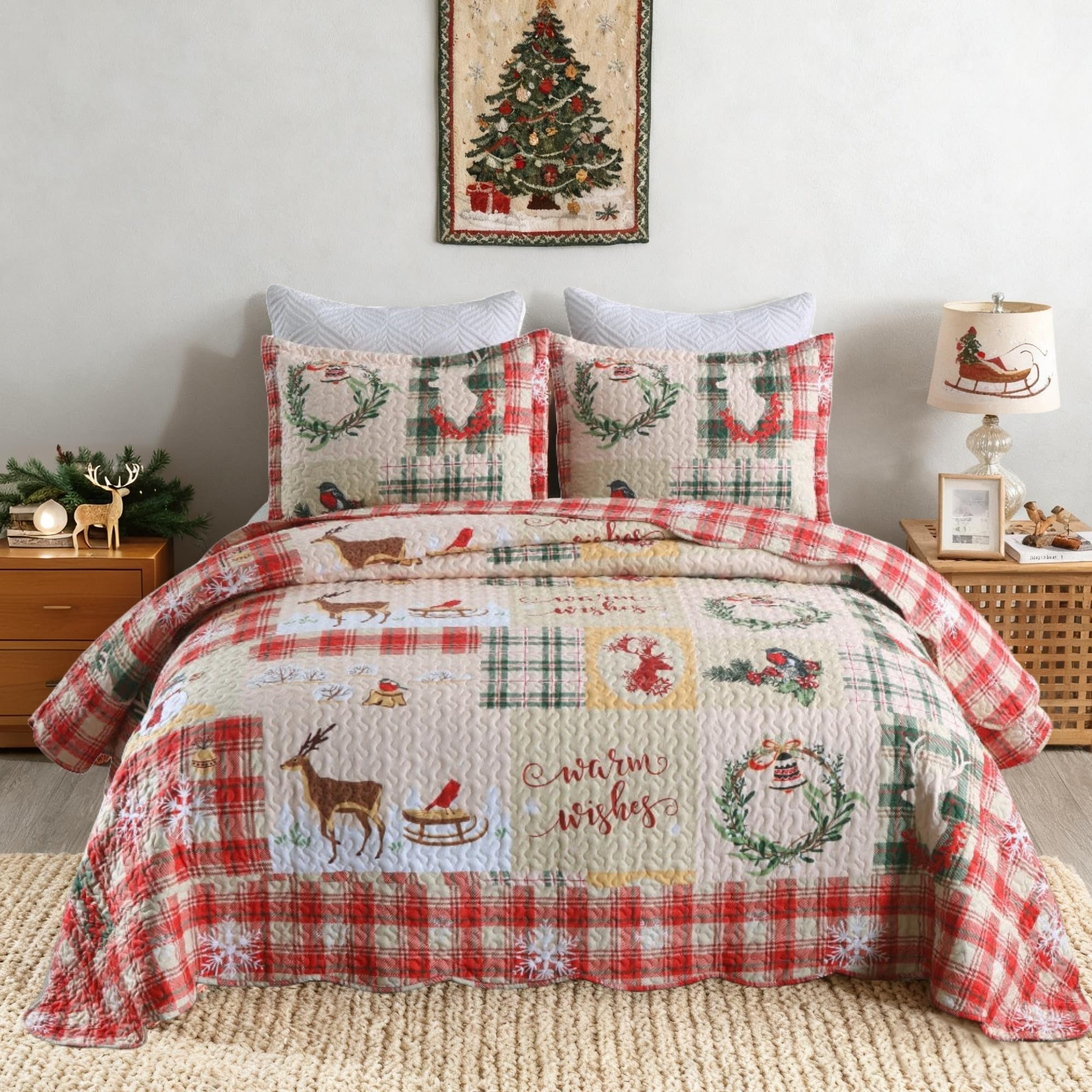 MarCielo 3 Piece Christmas Quilt Set, Rustic Lodge Deer Bedspread Lightweight Coverlet Comforter (Multicolor,King)