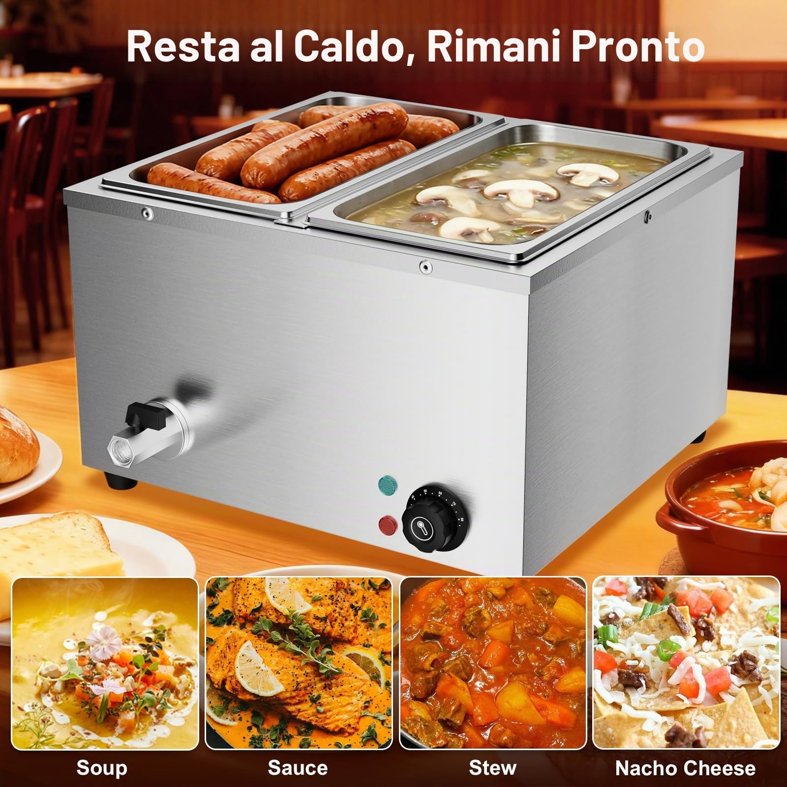 Scaldavivande professionale bagnomaria elettrico per buffet in acciaio inossidabile con 2 vassoi