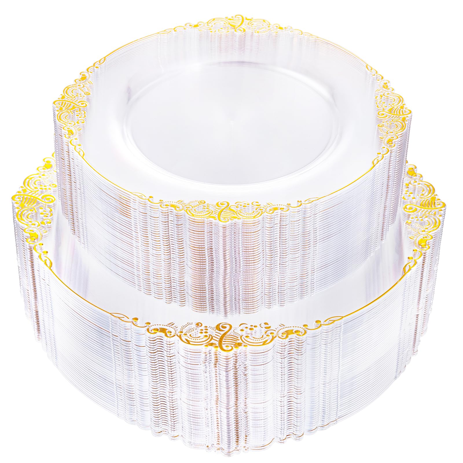 102PCS Clear Gold Plastic Plates - Clear Disposable Plates with Gold Rim - Clear Party Plates Include 51PCS 7.5inch Dessert Plates, 51PCS 10.25inch Dinner Plates for Weddings & Parties