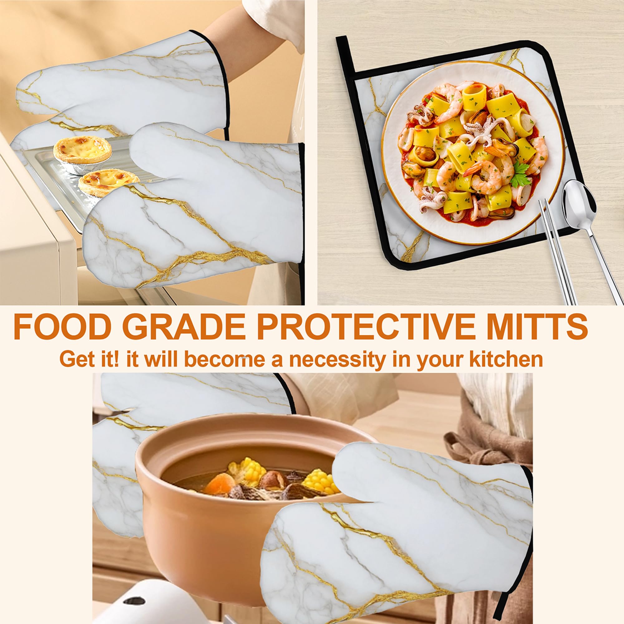 Ofenhandschuhe und Topflappen, Weißgold, Marmor, Küchenhandschuhe, Topflappen, 4er-Set, hitzebeständiger Griff für Koch, Kochen, Backen, Grillen, Grillen