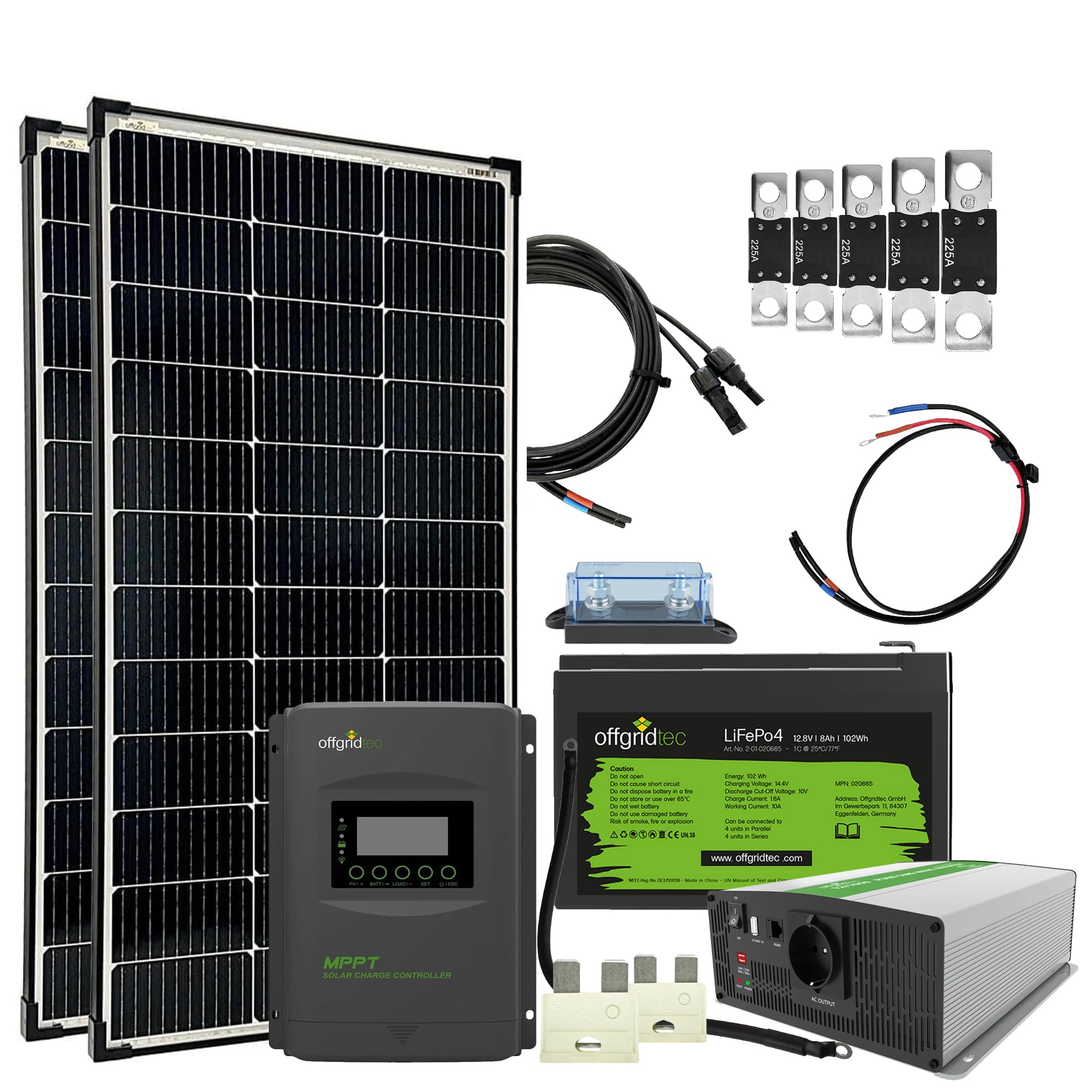 Offgridtec Autark Pro M 200W Solaranlage, 1500W AC Leistung, 100Ah LiFePO4 Akku, MPPT Laderegler mit Display, Plug & Play, Sinus-Spannungswandler, USB-Ausgänge, Für Wohnmobil und autarke Haushalte