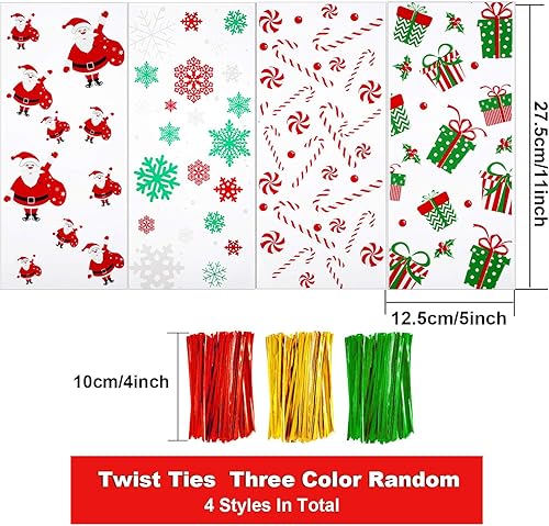 Miniatura 7 de Boao 100 bolsas de cono de Navidad de 4.9 x 10.8 in, bolsas transparentes para dulces, bolsas de conos de celofán con lazos para suministros de
