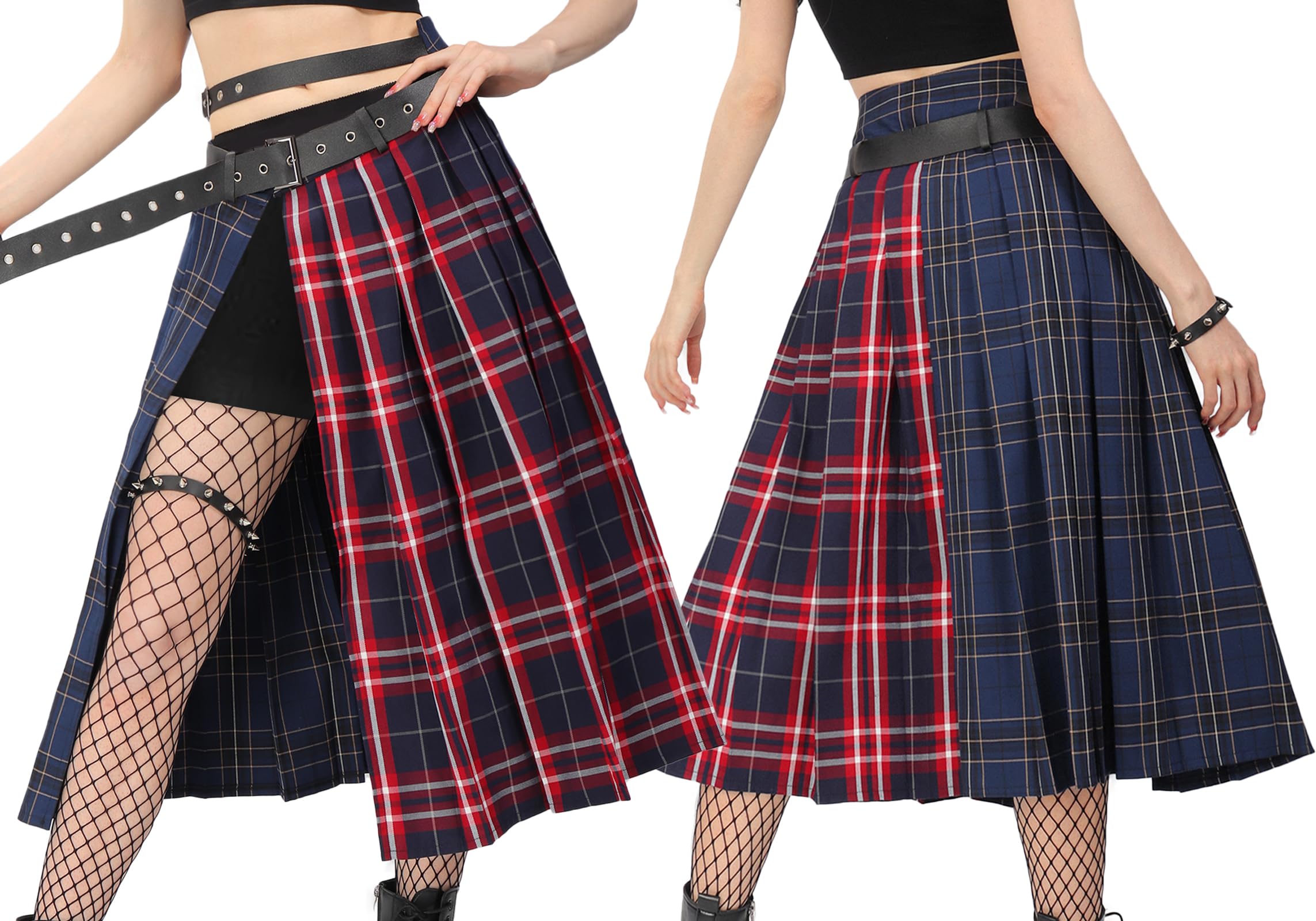 DAZCOS Plaid Slit Thigh Maxi US Size Women Low Waist Pleated Midi Skirt with Belt for Party Christmas