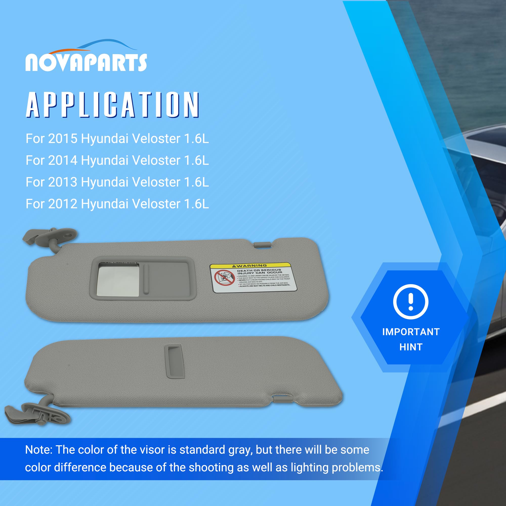 Pair Of Left & Right Sun Visors For Hyundai Elantra 2011-2015 & Veloster 2012-2015 - Gray OEM Style Replacement - View #7