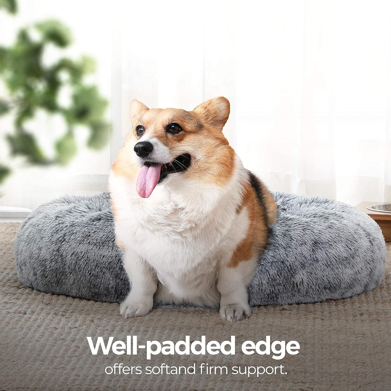 FEANDREA Dog Bed, Cat Bed, Soft Plush Surface, Donut-Shaped Dog Sofa with Removable Inner Cushion, Washable, 28 Inches Dia., Gray UPGW039G01