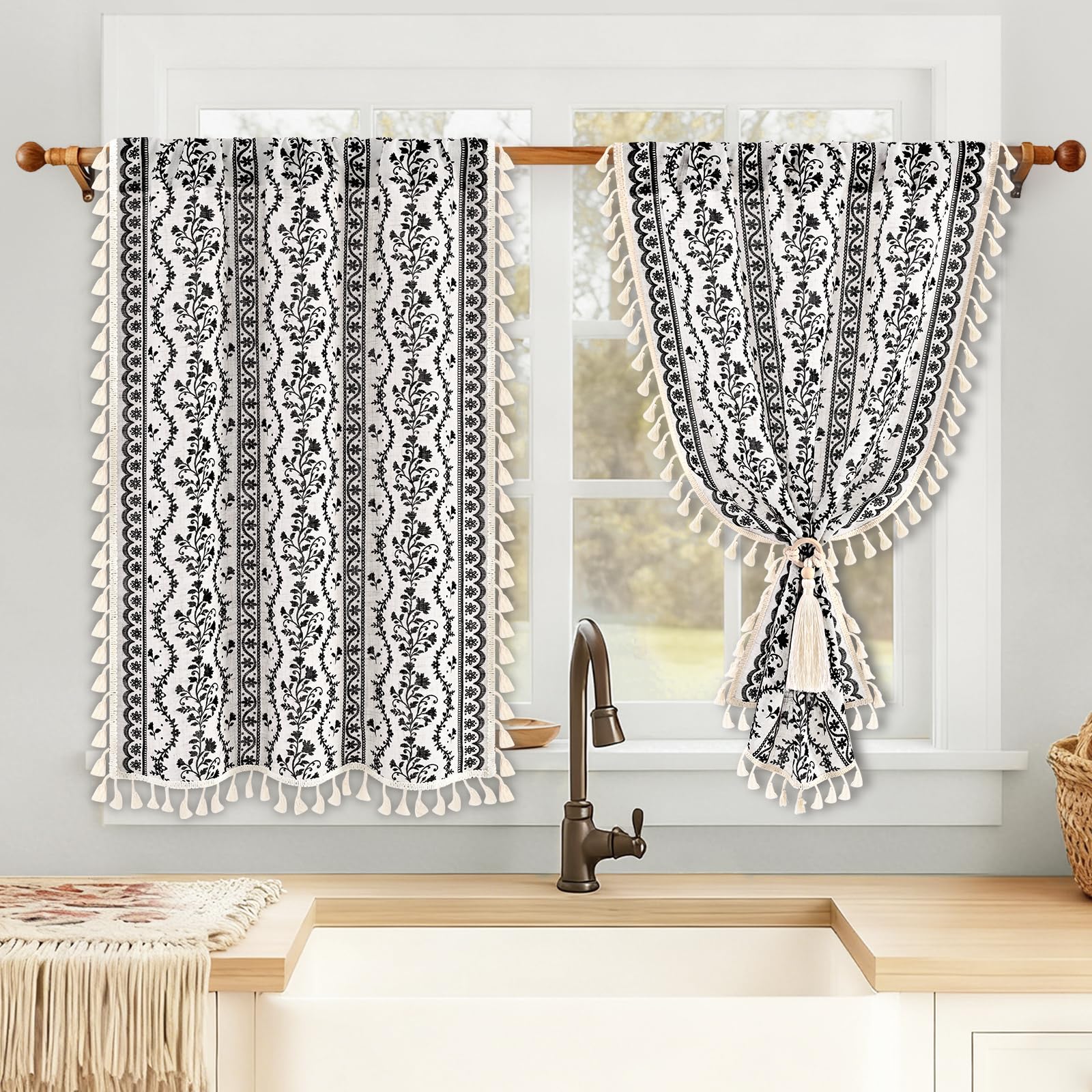 Yinhua Boho Kitchen Curtains 36 Inch Length Vintage Linen Cafe Curtains Light Filtering Bohemian Floral Tier Rod Pocket Farmhouse Rustic Tassel Small Drapes with Tiebacks, 2 Panels, White Black