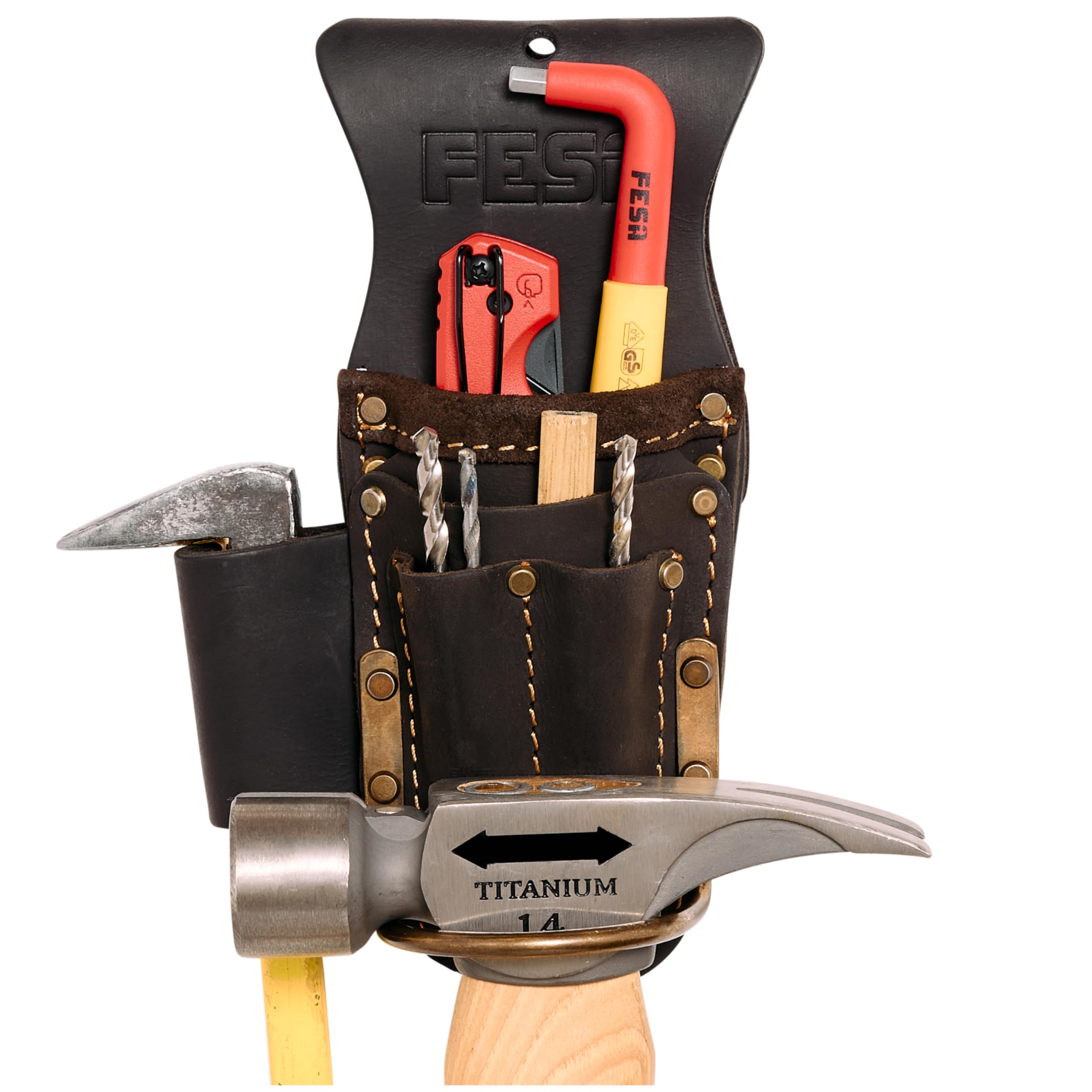 FESA Cintura portautensili per martello, multitool, pinze e martelli, con tasche per punte da trapano o pennarelli, custodia resistente per piccoli attrezzi per falegnami, clip su qualsiasi cintura
