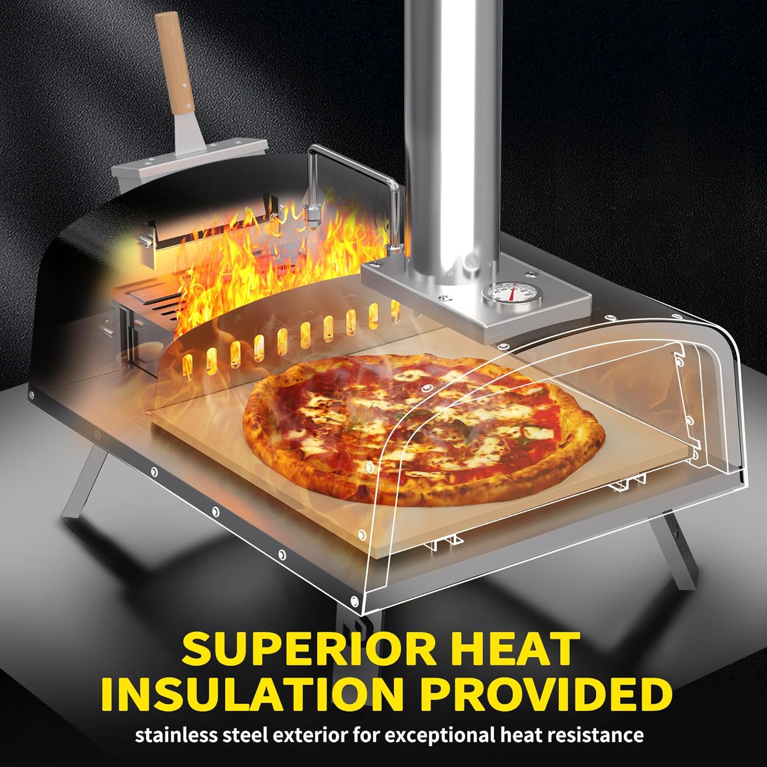 PIZZELLO 16" Outdoor Pizza Oven Propane and Wood Fired Stainless Steel Pizza Grill with Gas Burner, Wood Tray Pizza Stone, Pizza Peel, Carry Bag, Pizzello Forte Gas (Black)