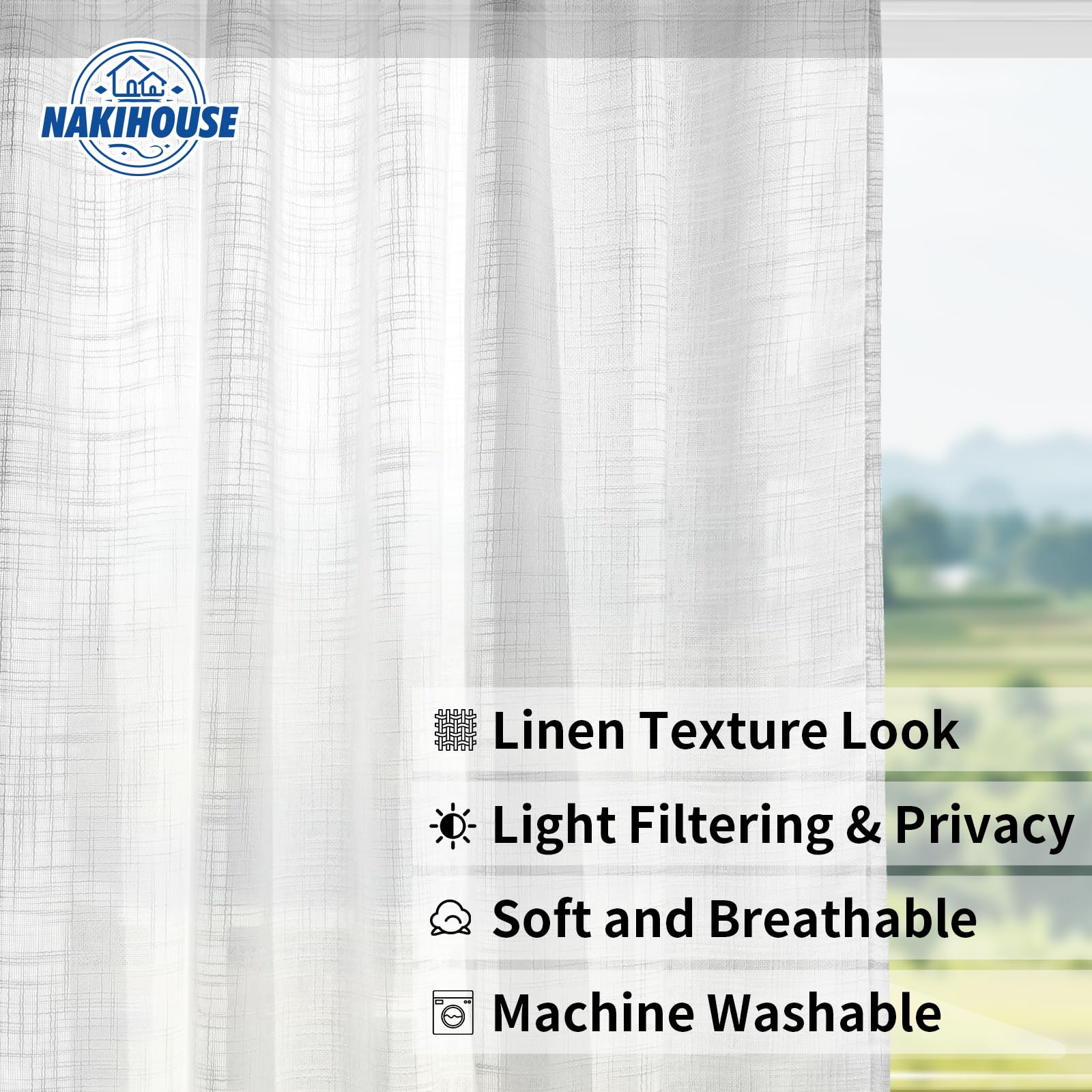 NAKIHOUSE Linen Voile Curtain, 2 Panels White Net Curtains for Windows 96 Drop - Image 2