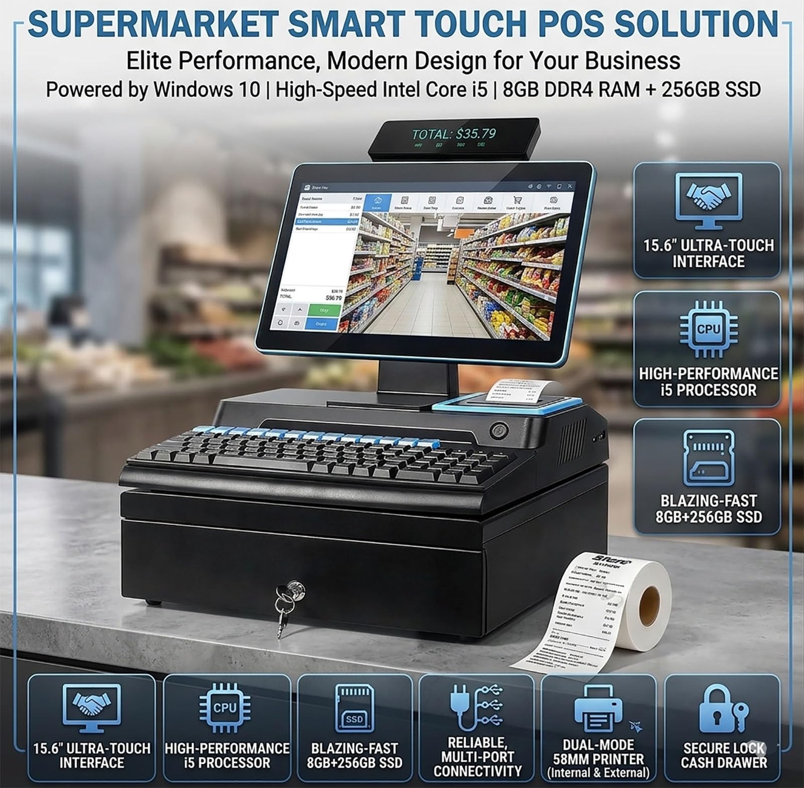 Registratore di Cassa Touchscreen da 15,6", sistemas POS all-in-One, processore i5, 8 GB di RAM, SSD da 256 GB. Set Completo con Stampante per scontrini
