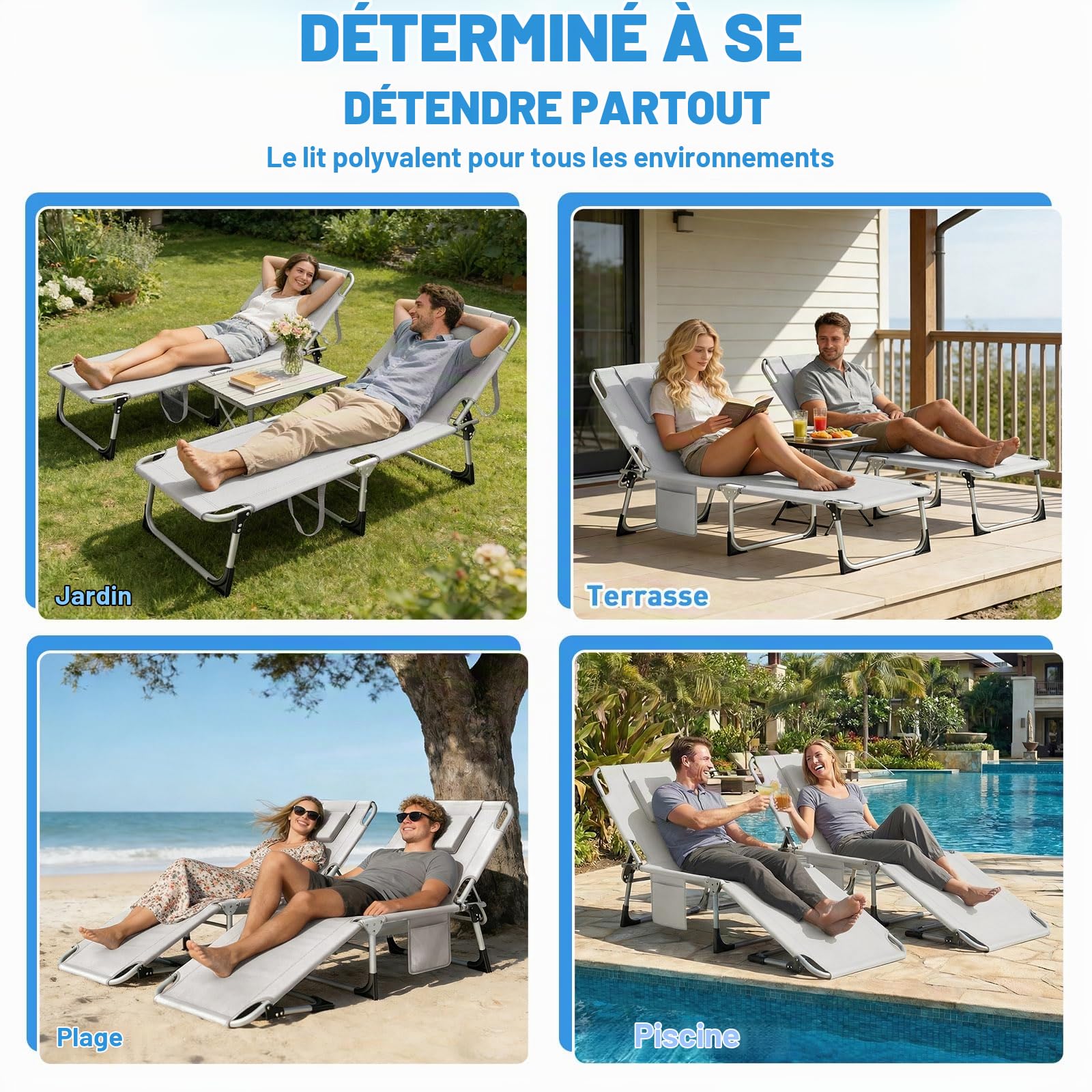 Huracan Lot de 2 chaises longues de jardin, pliables, avec ouverture pour le visage, coussins amovibles et dossier réglable en 3 positions, charge maximale 160 kg, pour jardin, balcon et terrasse