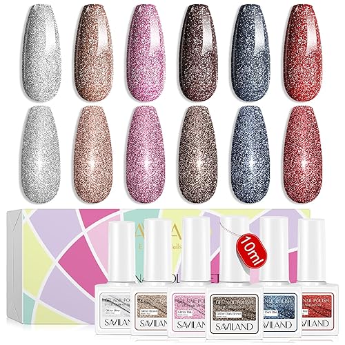 Miniatura 7 de Saviland Juego de esmaltes de uñas de gel: 6 colores clásicos de 0.3 fl oz, esmalte de gel blanco, negro, rojo, purpurina, remojado, UV LED, juego