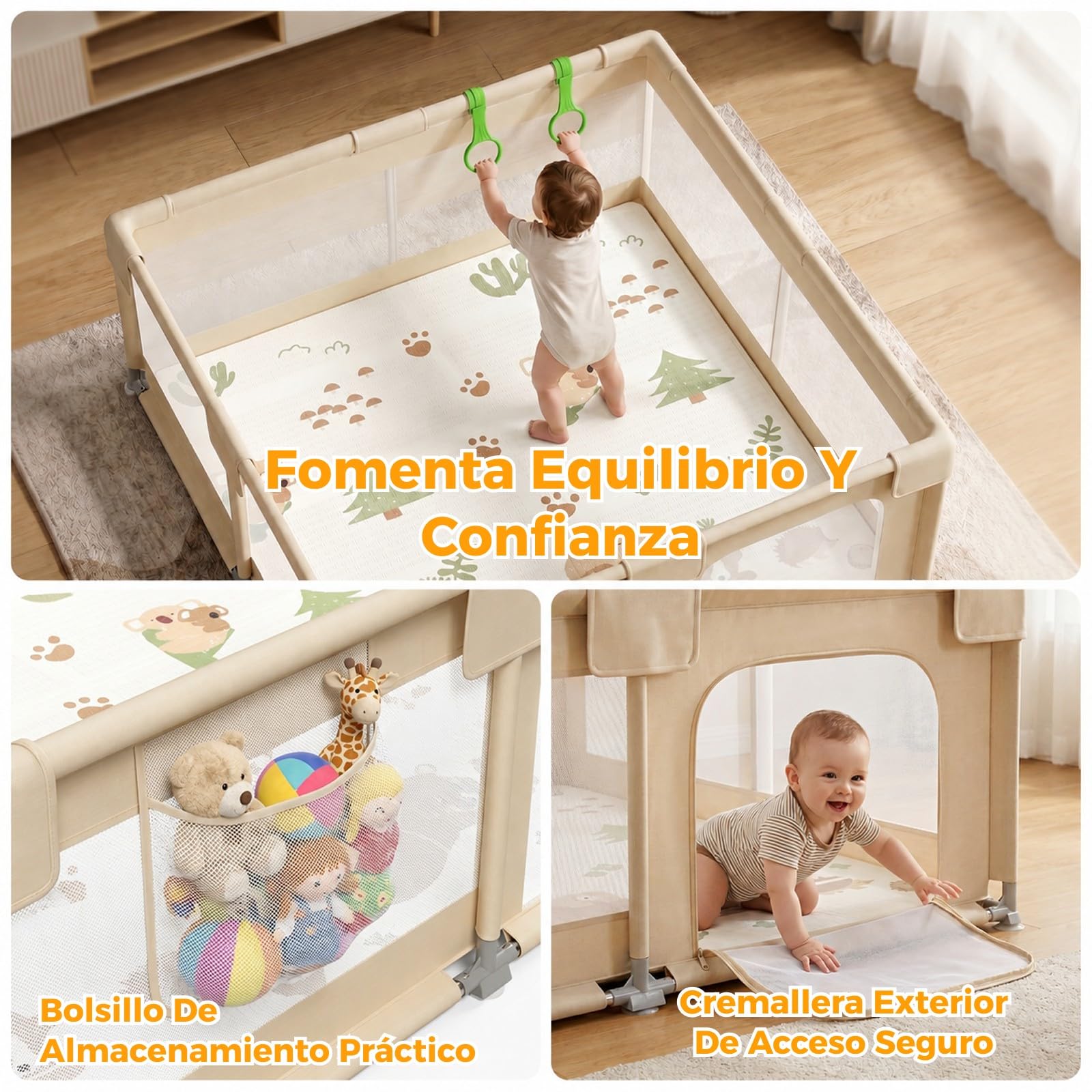 Beige Parque Infantil Bebe con Alfombra - 150x150cm Corralito Bebe | Tela Oxford resistente, malla transpirable 360°, estructura estable, ventosas potentes y 4 anillas