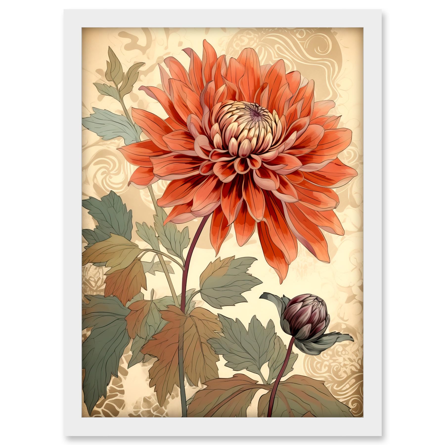 Artery8 Pastel Colour Orange Dahlia Flower with Patterns Artwork Framed A3 Wall Art Print
