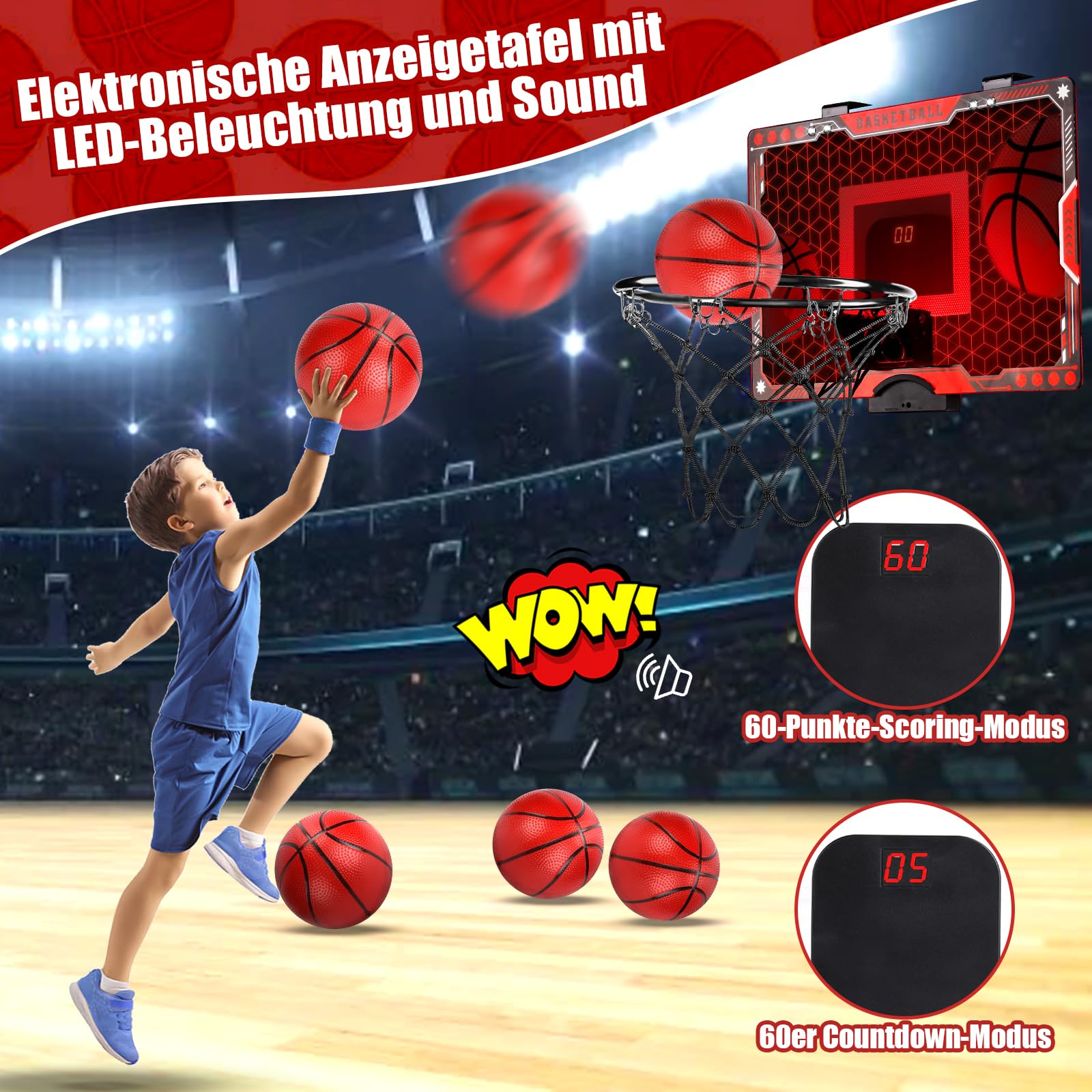 Joellfuner Canestro Basket Bambini, Canestro Basket da Camera, Mini Canestro Basket Esterno con Elettronico Punteggio Record, Regalo Sportivo per Bambini e Adulti 3+ con 3 Palline