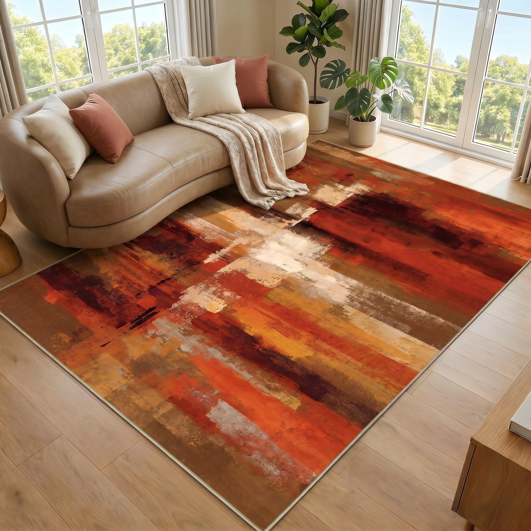 Tapis Poil Ras Salon Moderne Doux Moquette Chambre Grand 200x300cm Lavable Descente De Lit Marron Orange pour Cuisine, Salle à Manger, Bureau Couloir-Tapis Multicolore