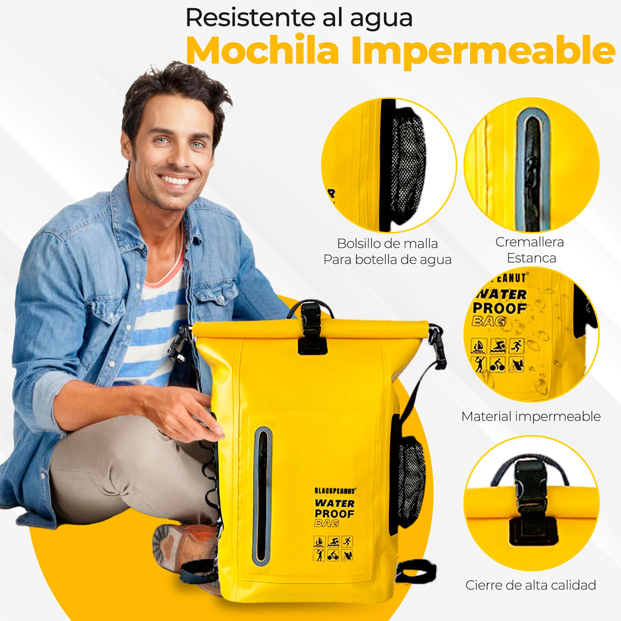 Mochila Estanca 25L Negro Bolsa Seca Impermeable Kayak Playa | Bolsillo exterior para botella, tirantes acolchados, dry bag ligero, pesca, paddle surf, camping y senderismo