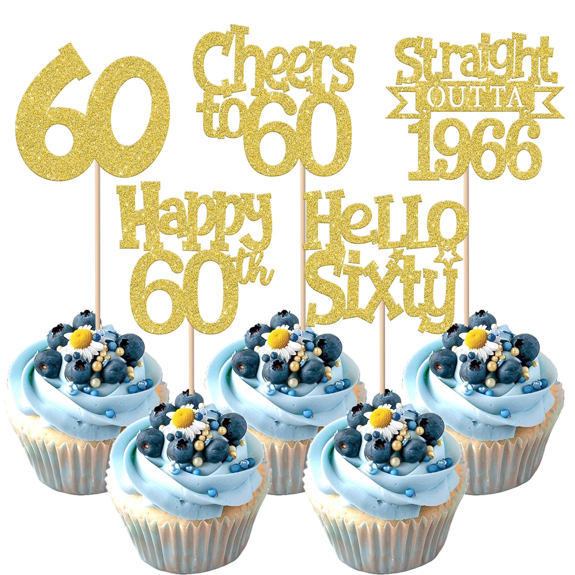 SYKYCTCY 30 Pack Happy 60th Birthday Cupcake Toppers Glitter Sixty Straight Outta 1966 Cupcake Picks Cheers to 60 Years Cake Decorations for Happy 60th Birthday Party Supplies Gold