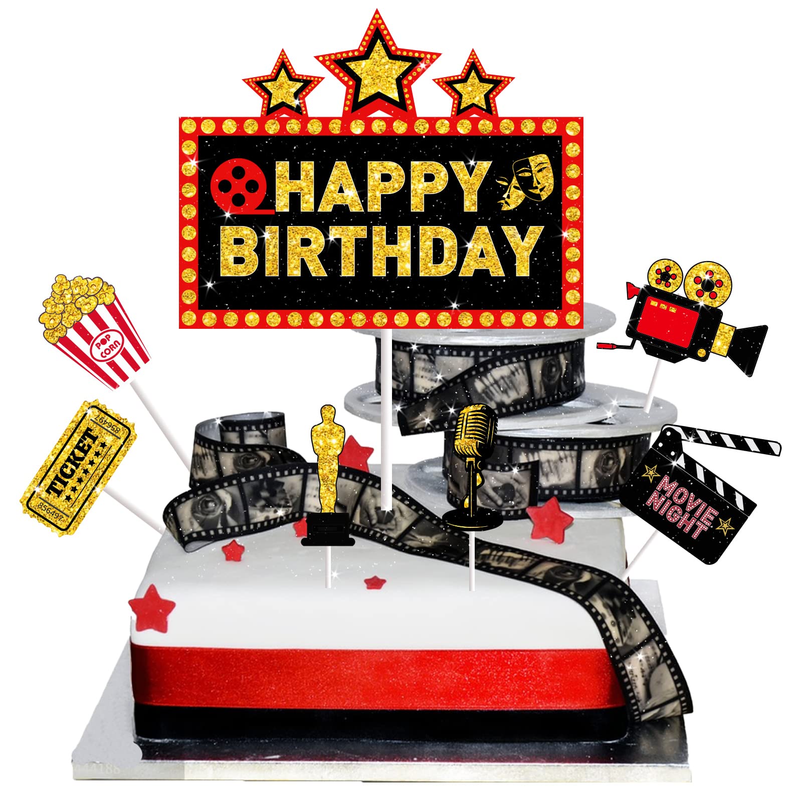 Amazon.com: 百老匯電影生日快樂蛋糕裝飾爆米花奧斯卡電影院票杯子蛋糕裝飾金色閃亮好萊塢電影夜晚派對裝飾用品: 雜貨和美食