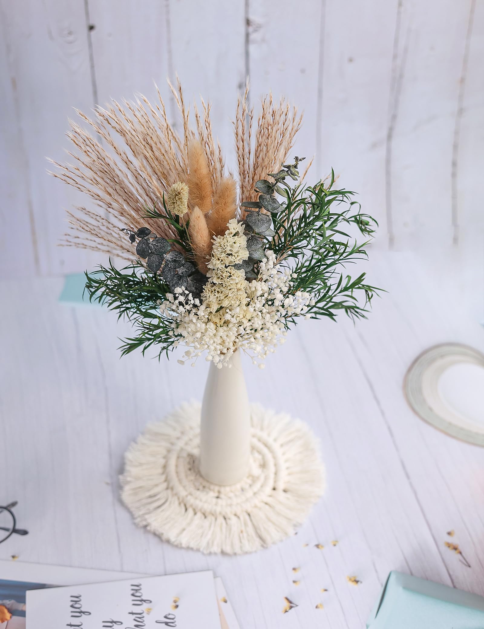 Dried Flower Bouquet with Ceramic Vase Pampas Dried Flower Bouquet Bridesmaid Decorations Vases Dried Flowers Bridal Wedding Bouquets, Birthday Gifts, Rustic Floral Favours, Wedding Table Deco (Green)