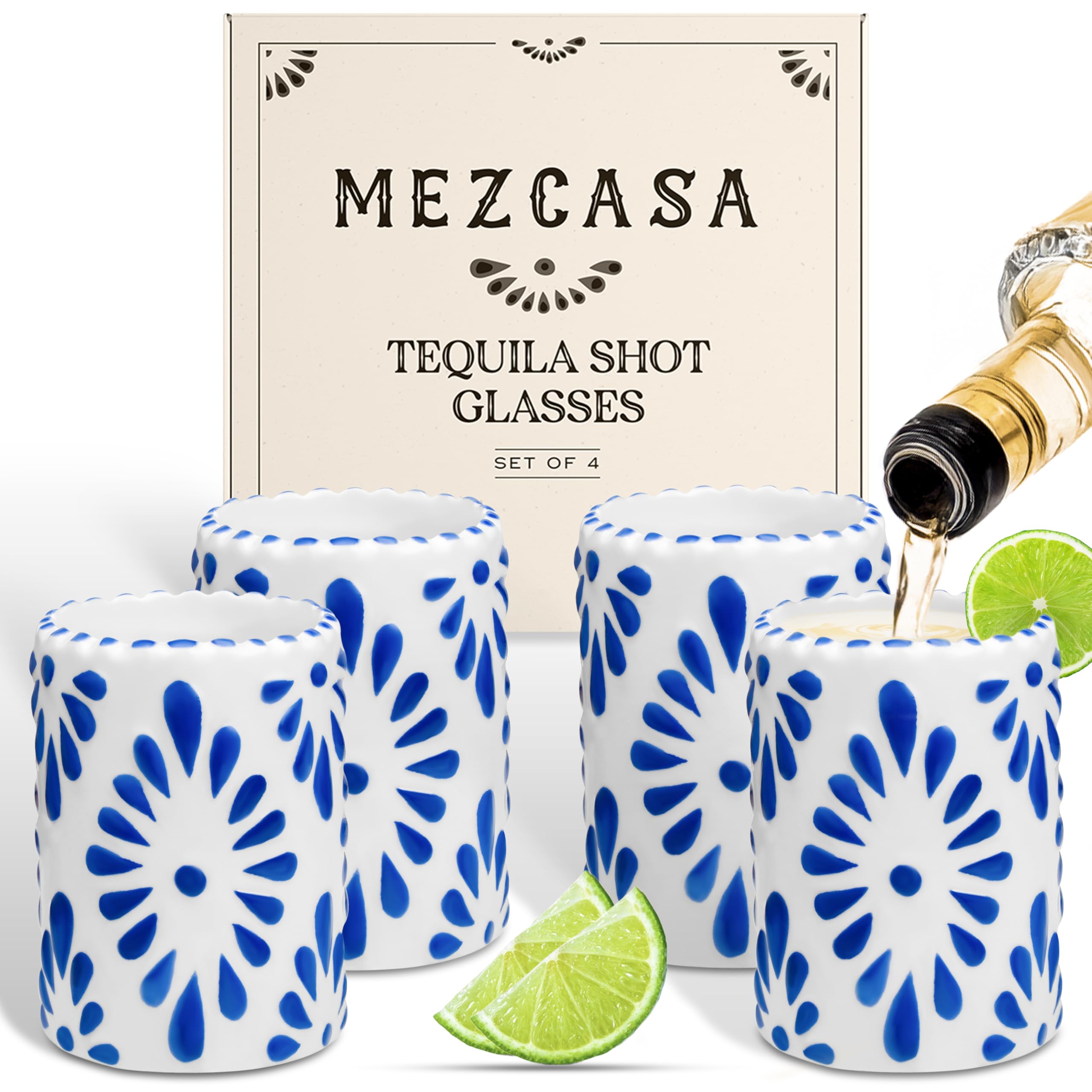 Talavera Shot Glasses — 100% Handmade Ceramic Tequila Shot Glasses with Talavera Mexican Pottery Design — Perfect Tequila Gifts for Women & Men for Any Occasion (BLUE | SET OF 4)