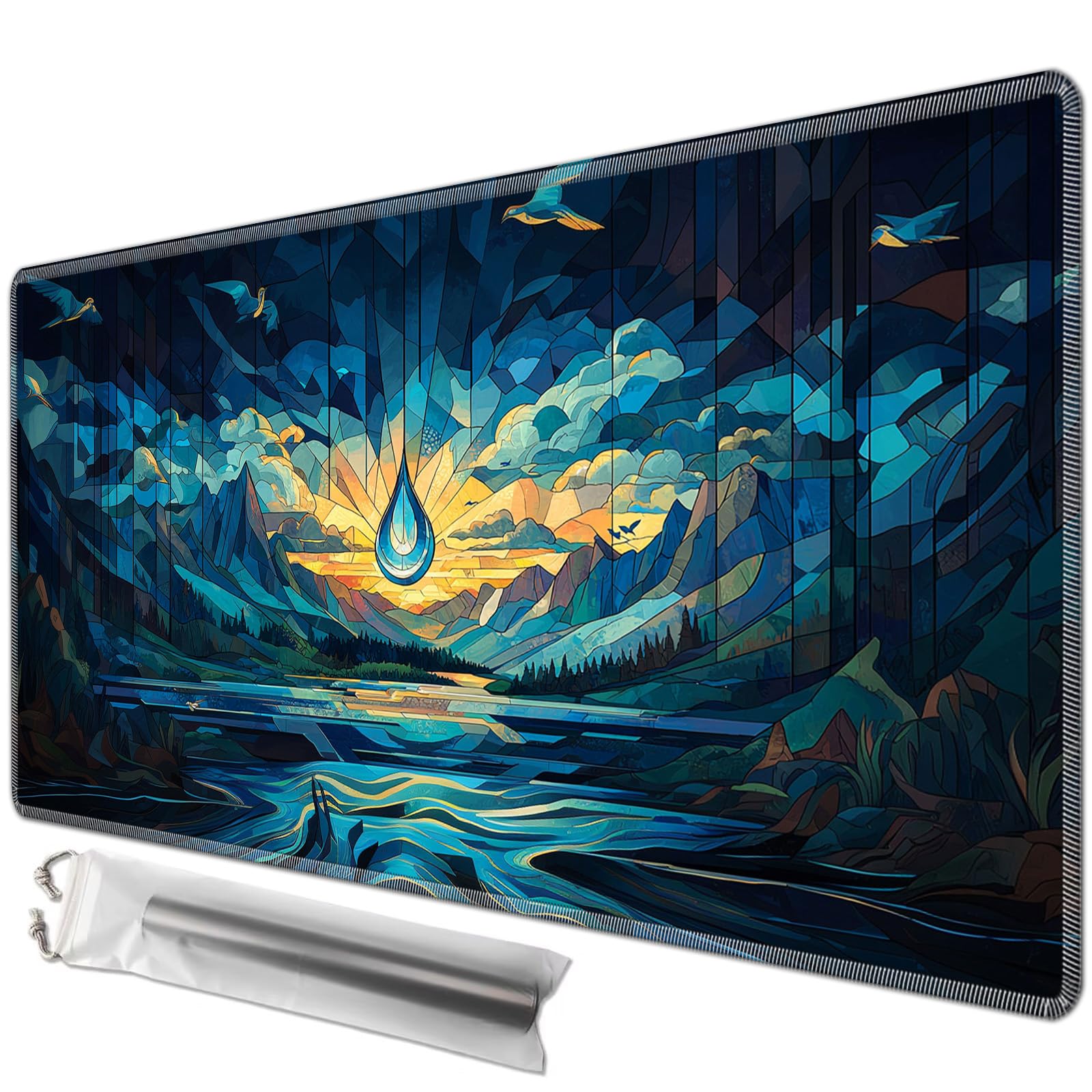 JANENFNA TCG Card Playmat 27.5" x 15.7" with Storage Bags for MTG Game Play Mats, Premium Stitched Non-Slip Rubber Tabletop Magic Play Mats Desk Duel Card Breaking Mats, Blue Island Water Drop