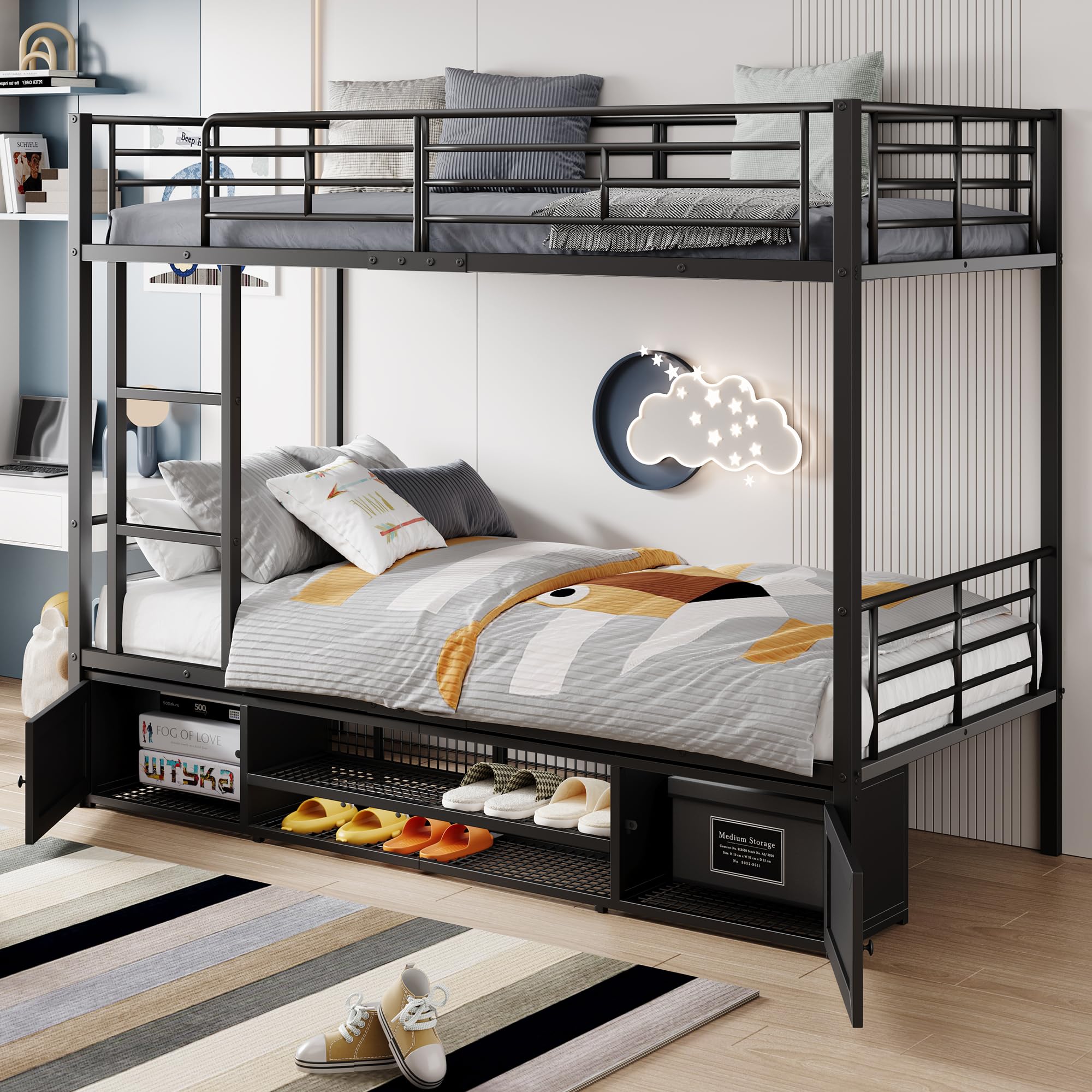 Lubvtti Litera con estructura de hierro 90 x 200 cm, zapatero abierto y pequeño armario de dos puertas, con escalera lateral y red de protección, negro (colchón no incluido)