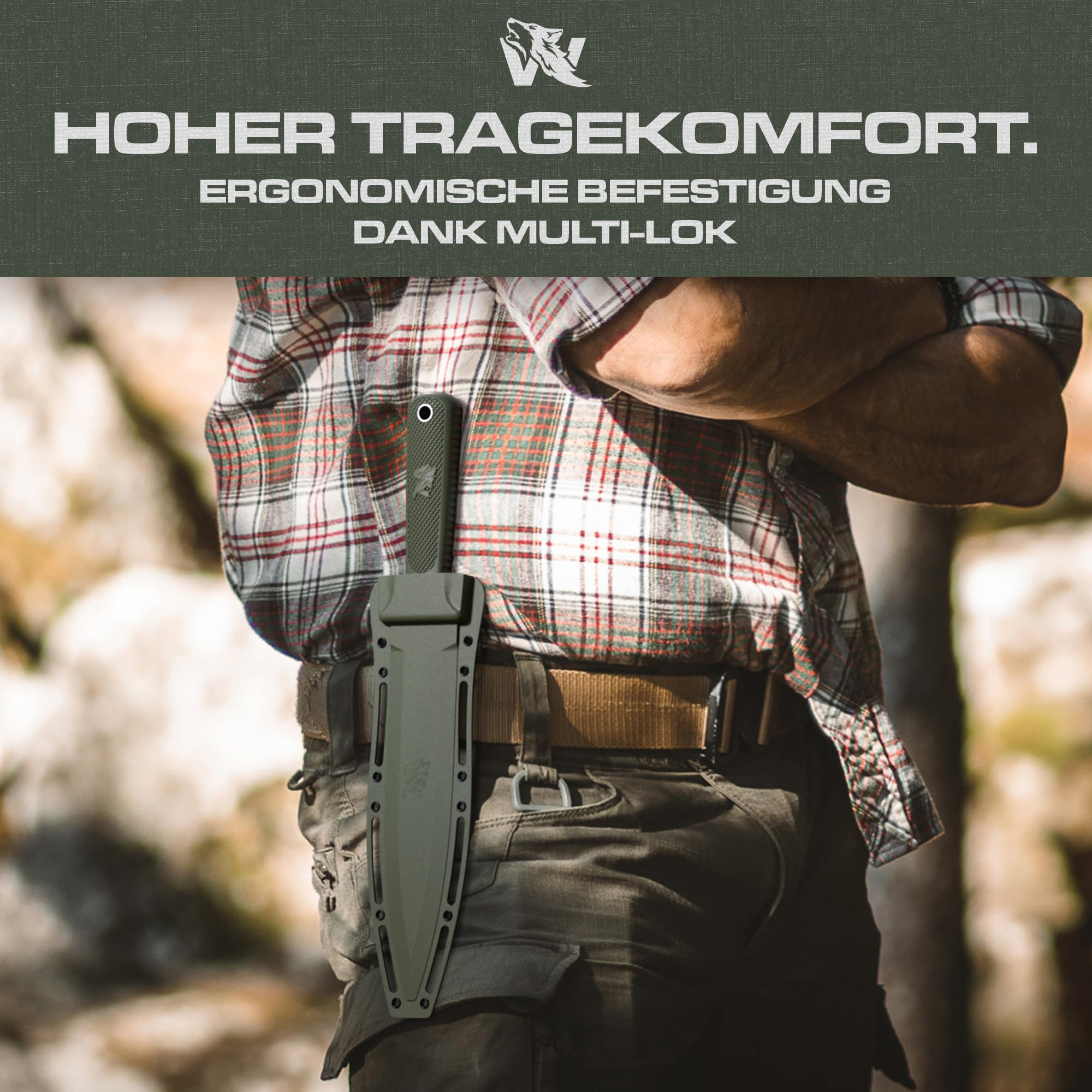 ODENWOLF W Catcher - Großes Jagdmesser aus D2-Stahl - Großes Feststehendes Messer mit Scheide - Einschneidiges Schwert mit TPE-Griff - Full Tang Survival Messer für Outdoor Aktivitäten
