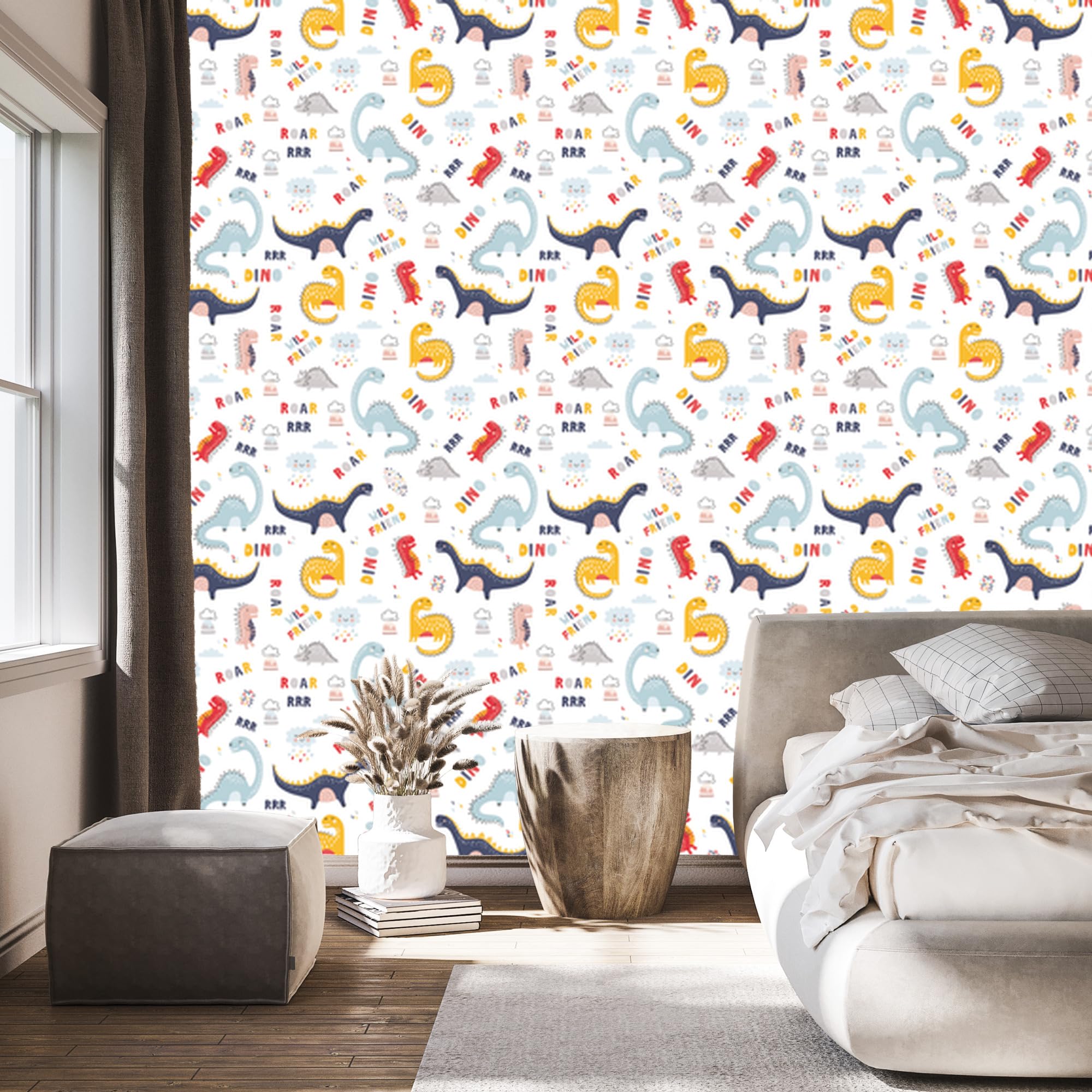 Vliestapete Bunte Wolkendinosaurier 50 x 1000 cm | Ausdrucksstarke Faunadarstellung; Lebendige Naturkulisse; Charaktervoller Zimmerschmuck; Kleister im Set
