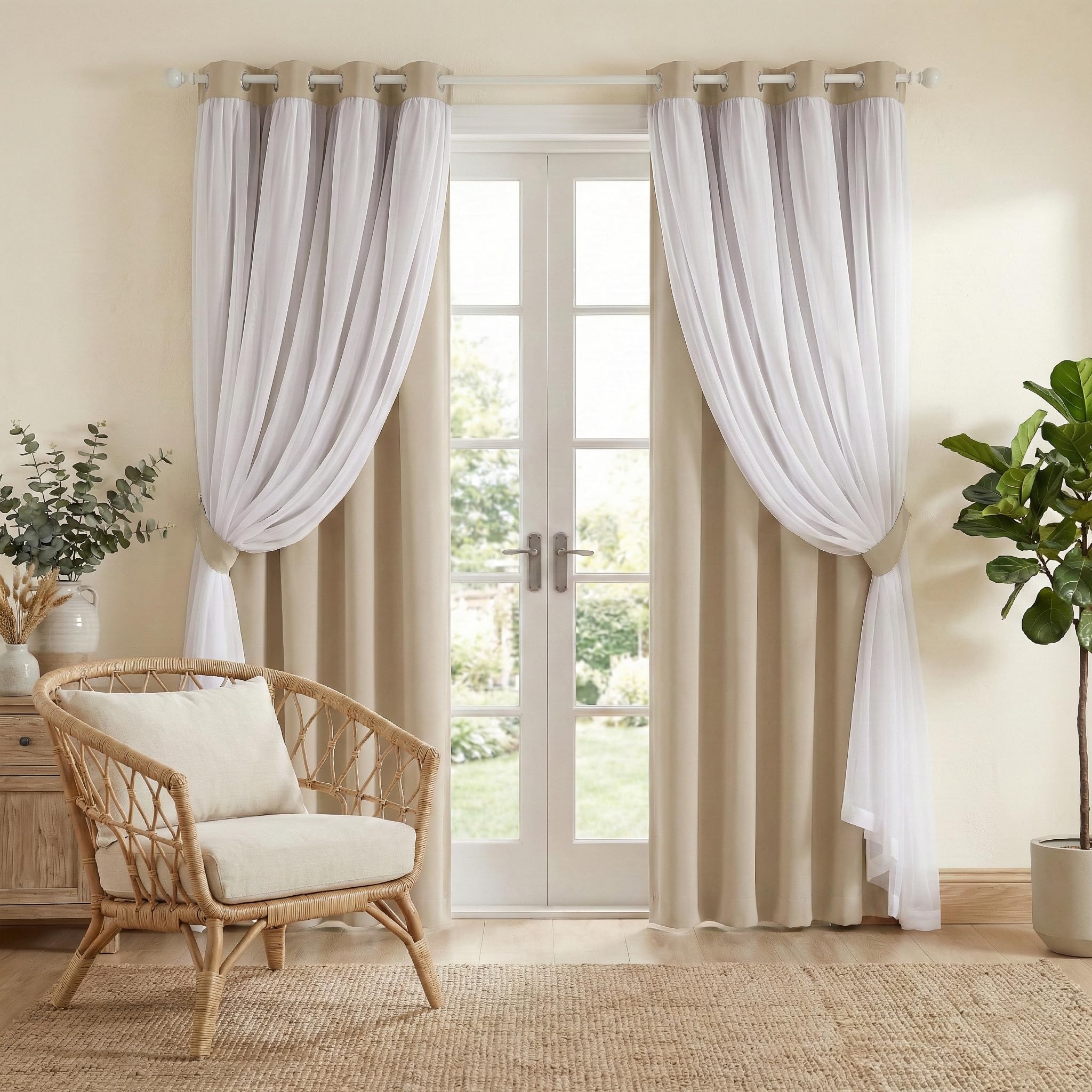 PONY DANCE Curtains for Living Room - 72 inches Long Sheer Curtains with Blackout Panels Double Layered Blackout Home Decor, 52-inch Wide, Biscotti