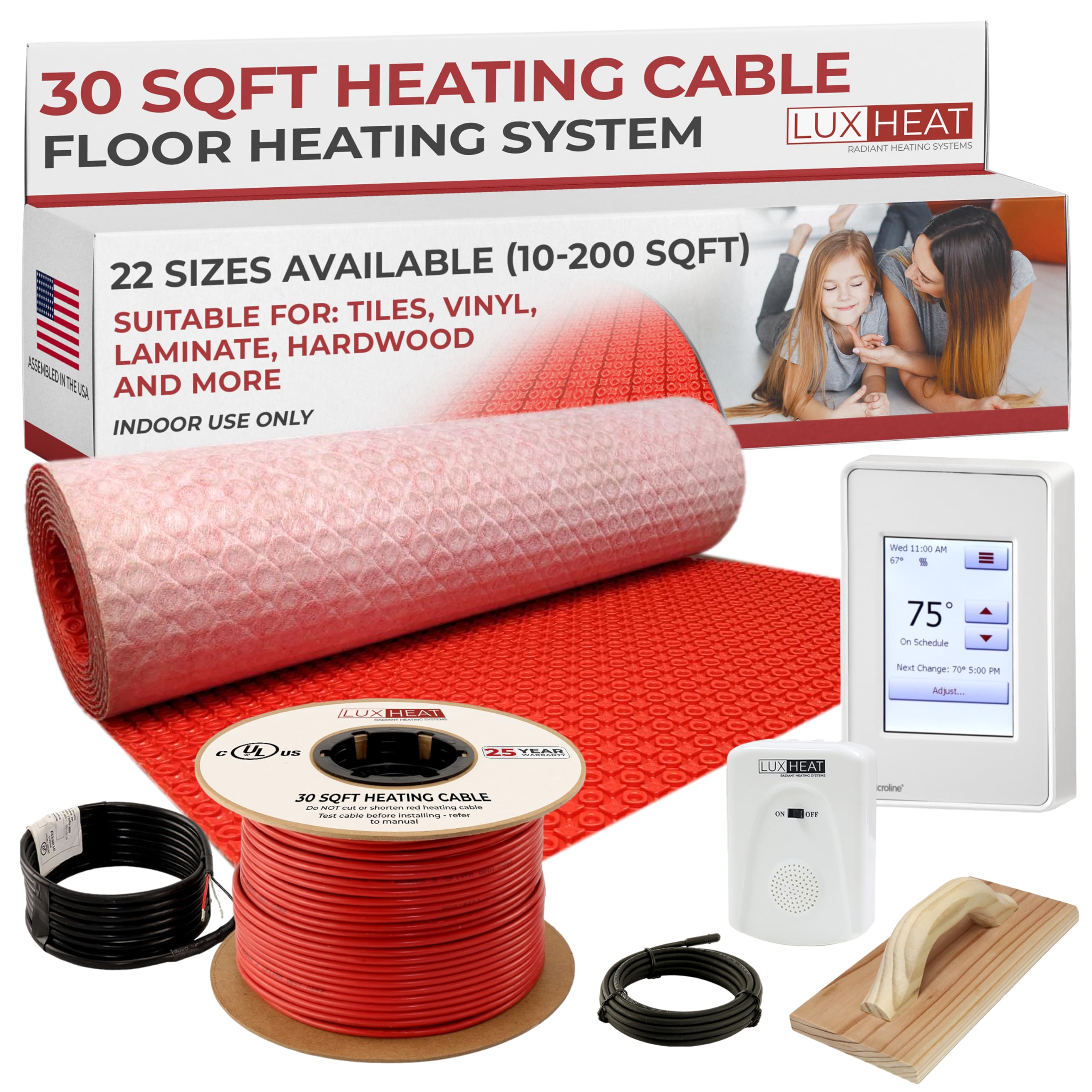 LuxHeat 30sqft Electric Radiant Floor Heating System - 120v In Floor Heating System Includes UDG4 Programmable Thermostat w/GFCI, Heater Cable,