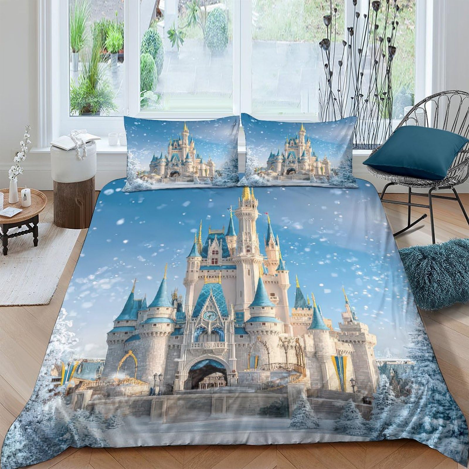 Ctjqhvkz Style-1 3D Printed Castle Fantasy Fitted Sheet Microfiber Soft Blue Sky Mattress Cover Slip-Resistant Bedroom Decor Easy Care Single（135X200cm）