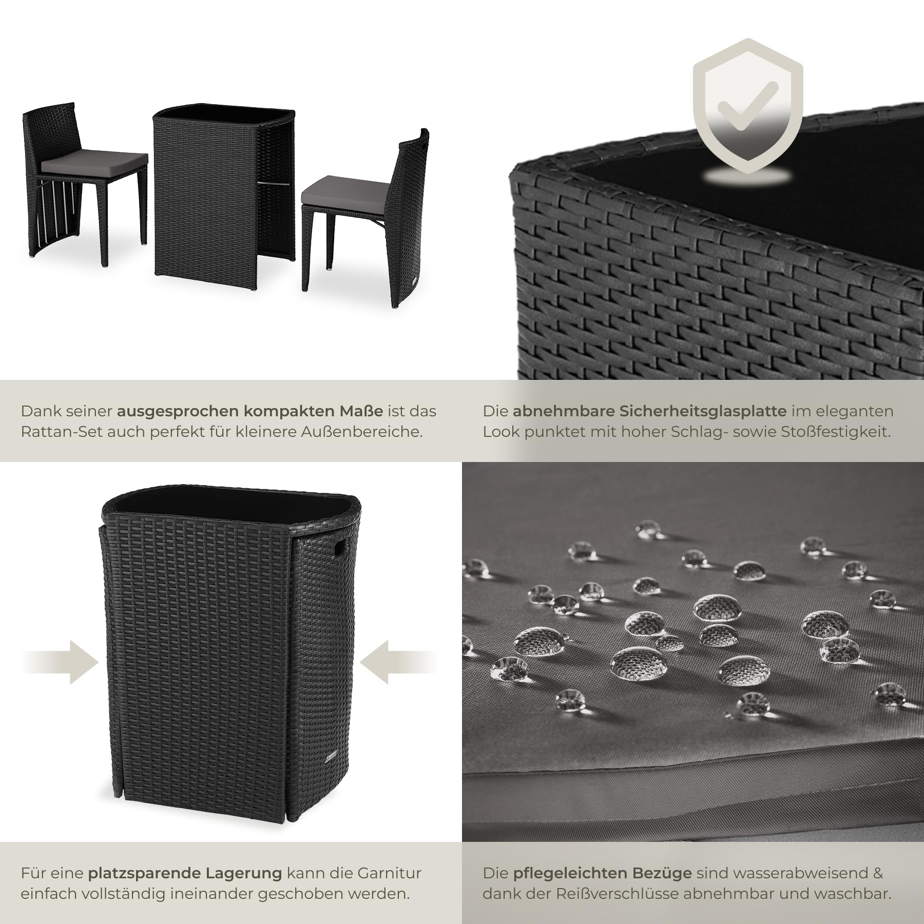 tectake® Poly Rattan Bistroset mit Aluminium Gestell, platzsparend zusammenschiebbar, Gartenmöbel Set mit 2 Stühlen & Tisch, Outdoor Möbel, Sitzgruppe für Garten Wintergarten Balkon Terrasse - schwarz