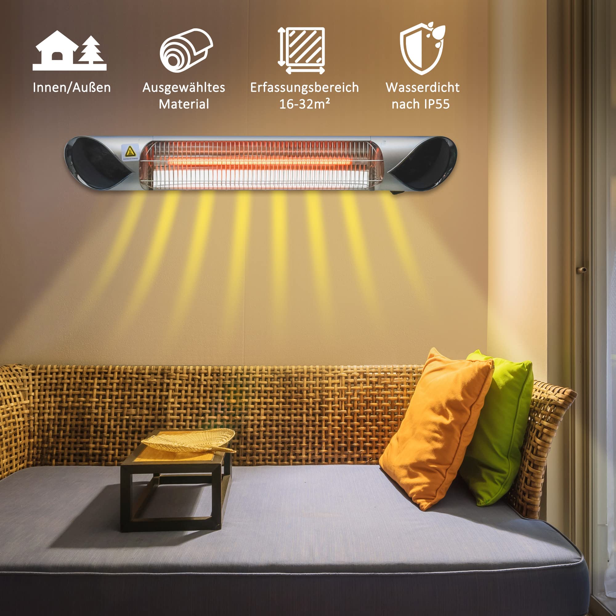 Grzejnik Outsunny, 4 poziomy grzania, 800/1200/1600/2000W, grzejnik elektryczny, grzejnik tarasowy do ogrodu z pilotem, wodoodporny, odporny na kurz, aluminium 88 x 13 x 9 cm