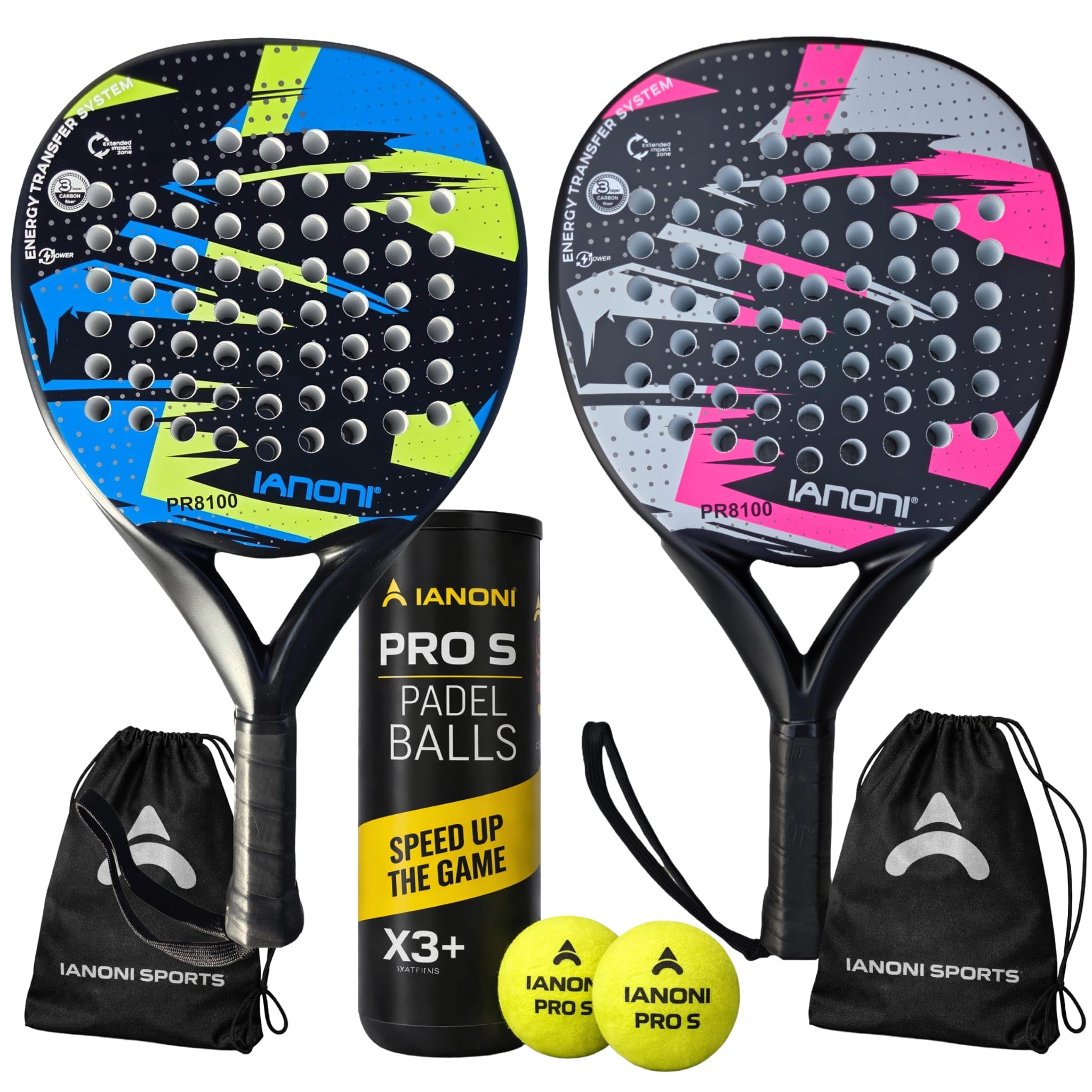 Ianoni Juego de iniciación de pala de pádel, 2 palas + 3 pelotas de pádel Pro S, jugadores principiantes e intermedios
