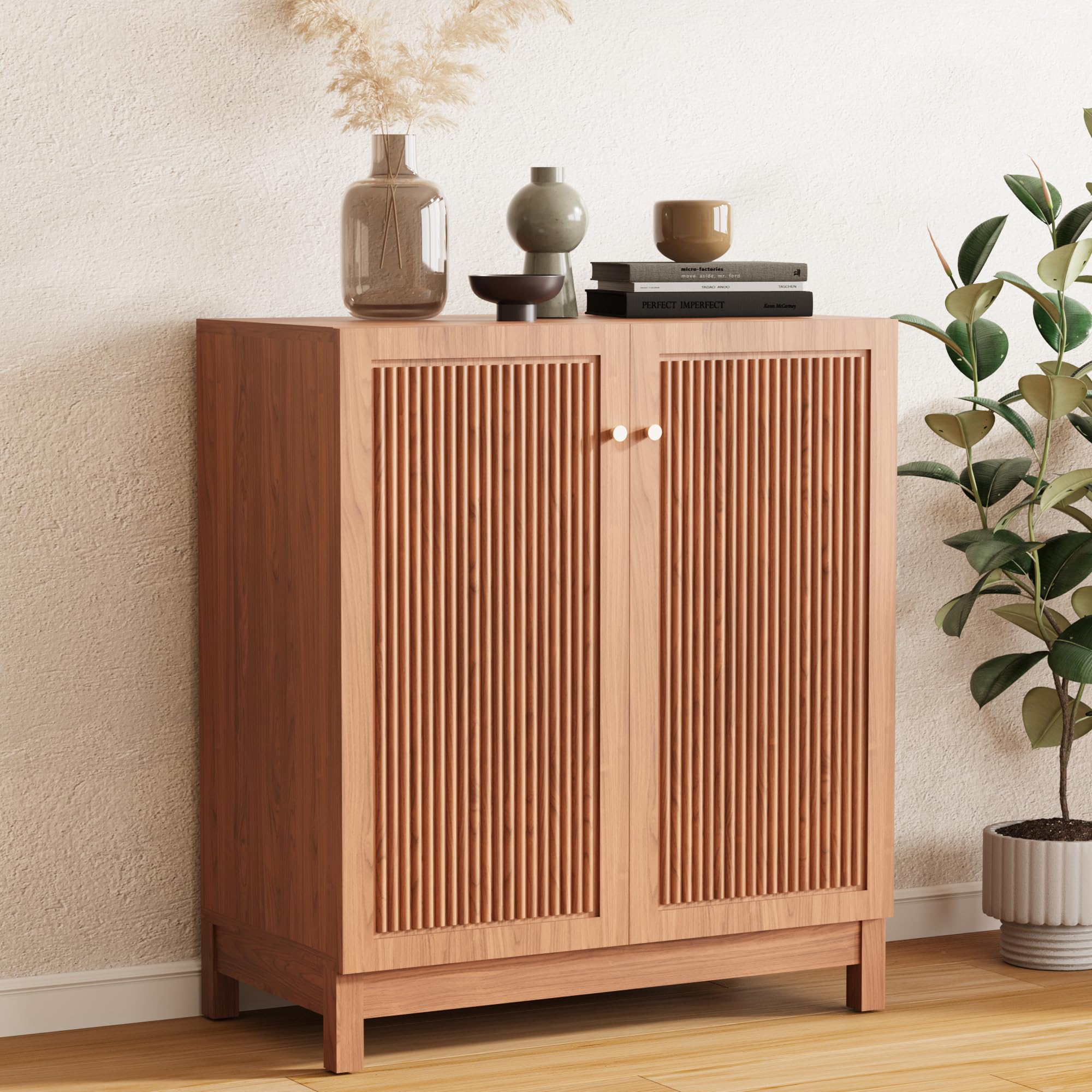 COSIEST 31.5" Fluted Sideboard Buffet Cabinet with Storage, Mid Century Modern Accent Cabinet with Adjustable Shelves, Solid Wood Legs,