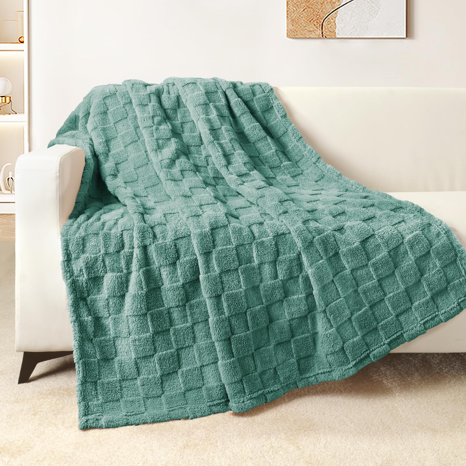 Manta de forro polar para sofá, súper suave y cálida, ligera con patrón a cuadros para todas las estaciones, 50 x 60 pulgadas, celadón 4