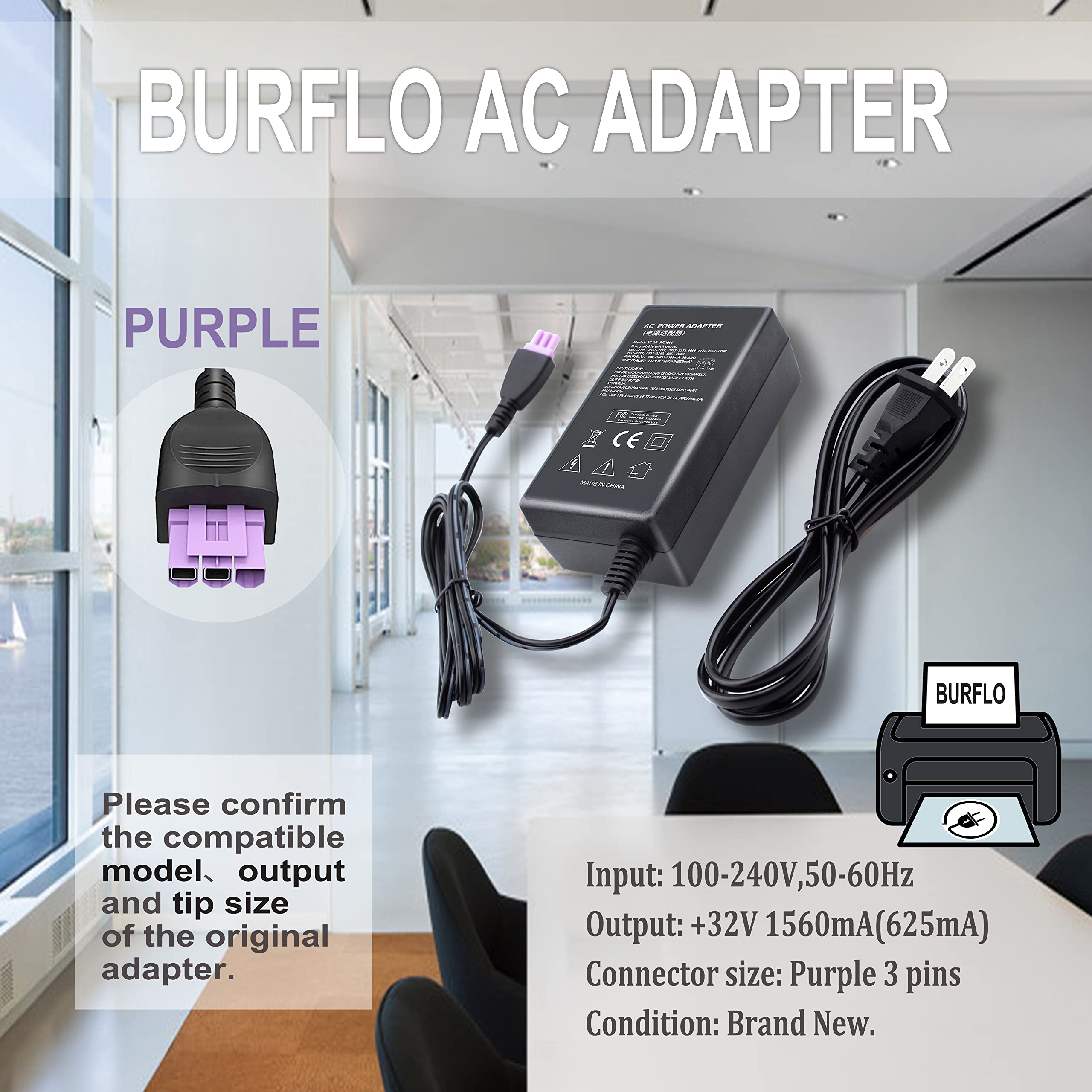 BURFLO 32V 1560mA 0957-2105 Ac Adapter 0957-2269 for HP Photosmart B210 C7250 C7280 C5180 Officejet 2620 4500 6000 6500 7500A Deskjet 6840 6940 All-in-One Printer 0957-2286 Power Supply Cord Cable