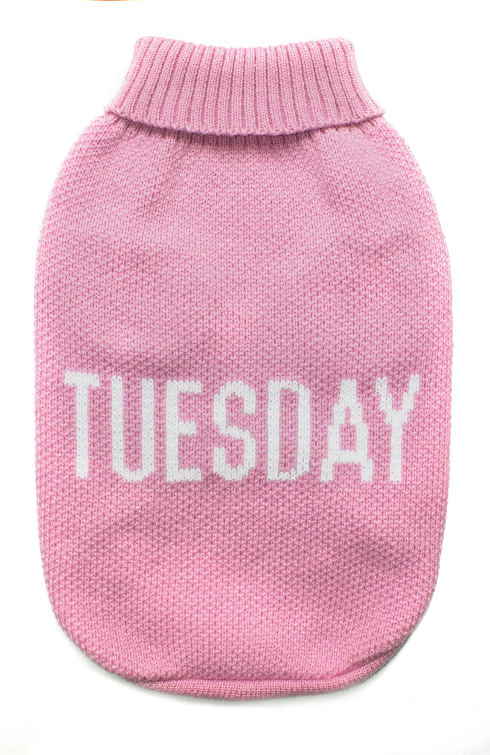 Record - Dog Sweater Everyday Soft High Neck Sweater with Elasticated Waistband, Embroidered 'Tuesday' |Pink, M - Back Length 40cm