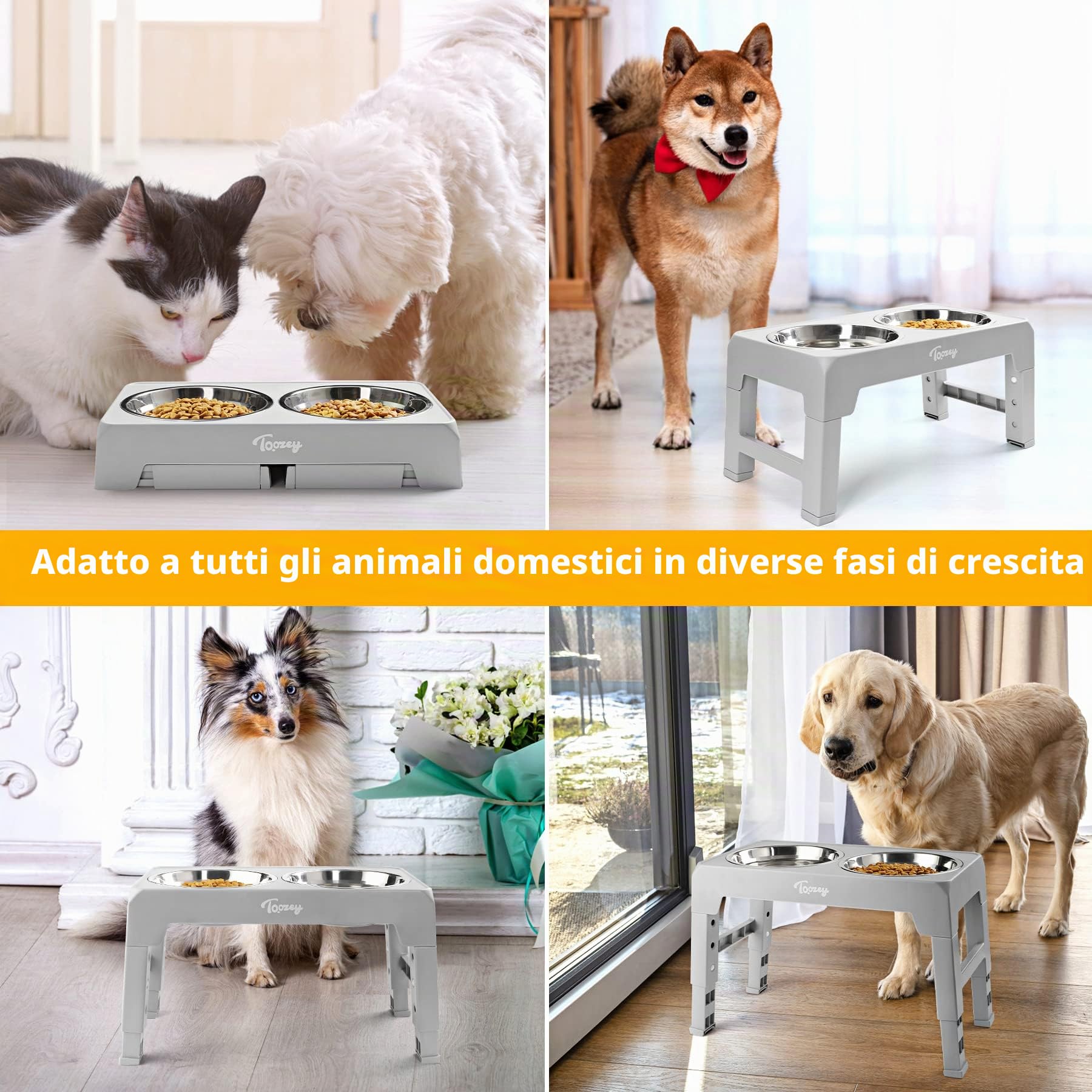 Toozey Ciotola per cani, mangiatoia con 2 ciotole in acciaio inox da 1200 ml, per cani medi e grandi, 4 ciotole regolabili in altezza, grigio
