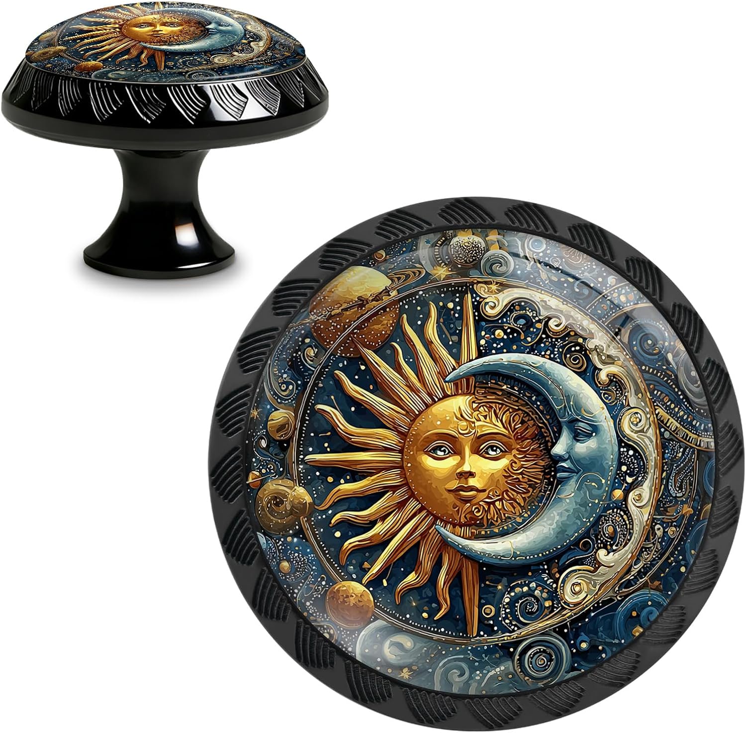 4 Pack Sun and Moon in Cosmic Funny Kitchen Cabinet Knobs Crystal Glass Round Drawer Pulls for Dresser Cupboard Door Handles