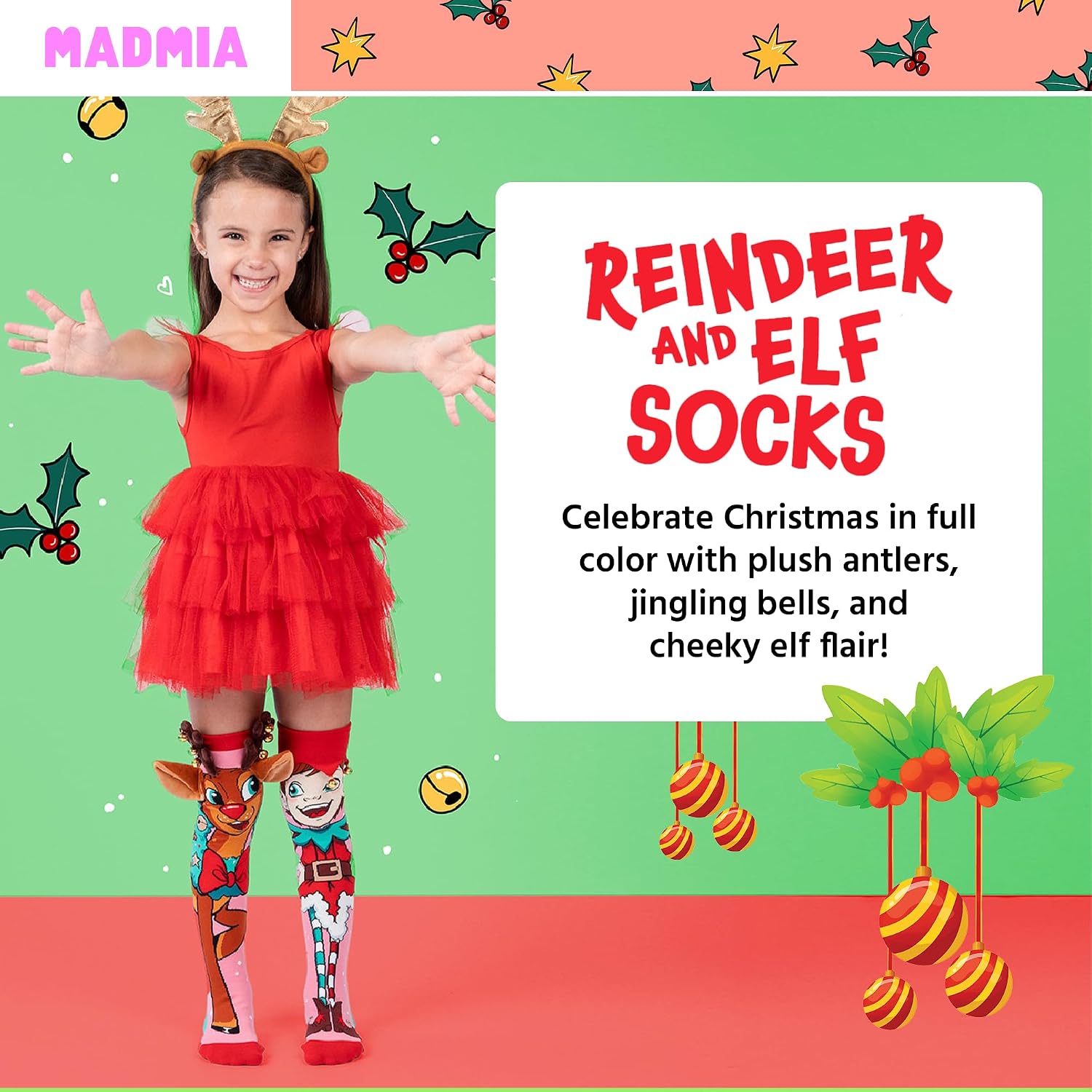 MADMIA Reindeer and Elf Knee-High Socks – Colorful Dress-Up Socks for Kids & Adults, Fun Crazy Sock Day Gift, One Size Fits Most