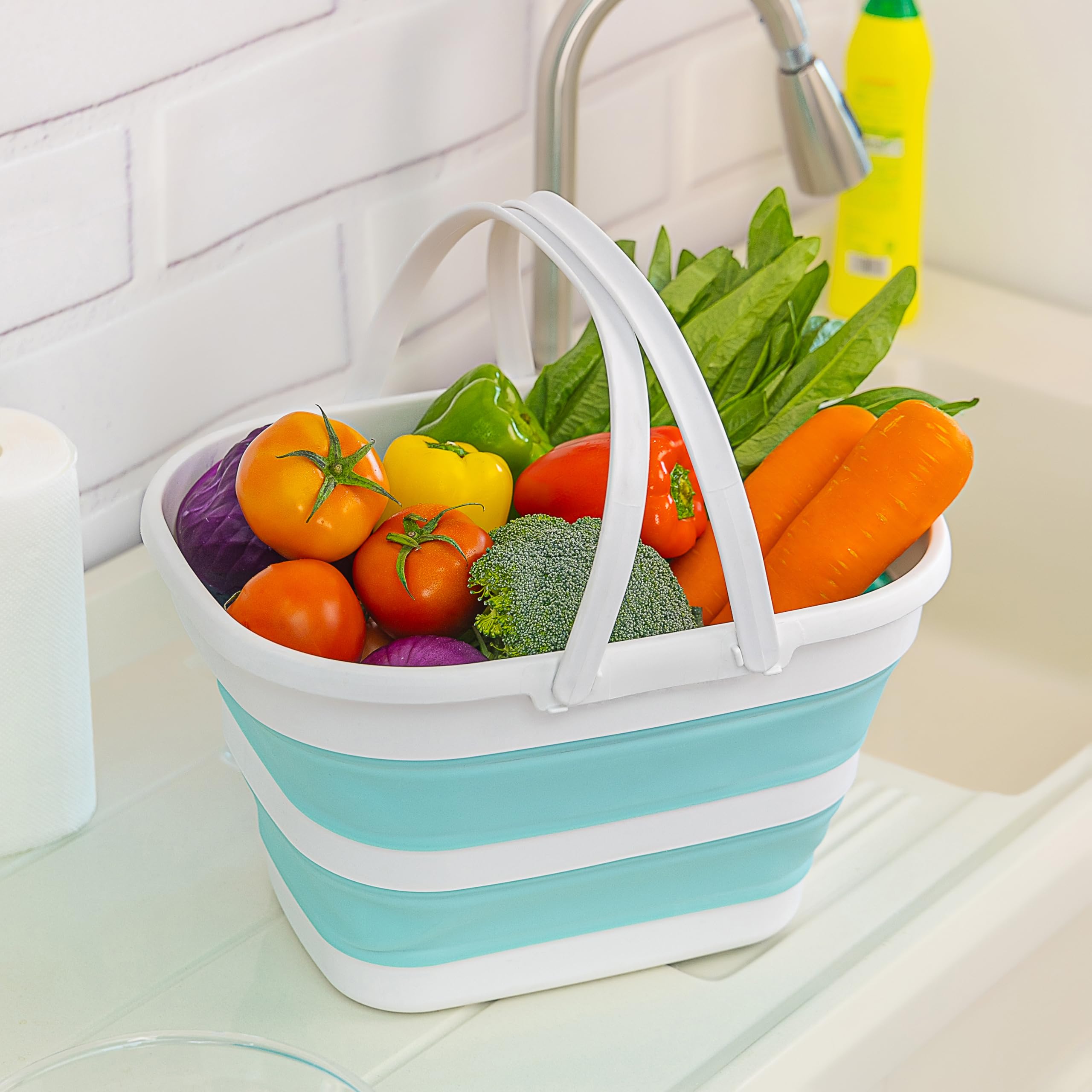 SAMMART Panier pliable avec poignée de 17 l - Panier de pique-nique d'extérieur portable / cratère - Sac de courses pliable - Récipient de rangement peu encombrant (blanc/vert lac, 1)