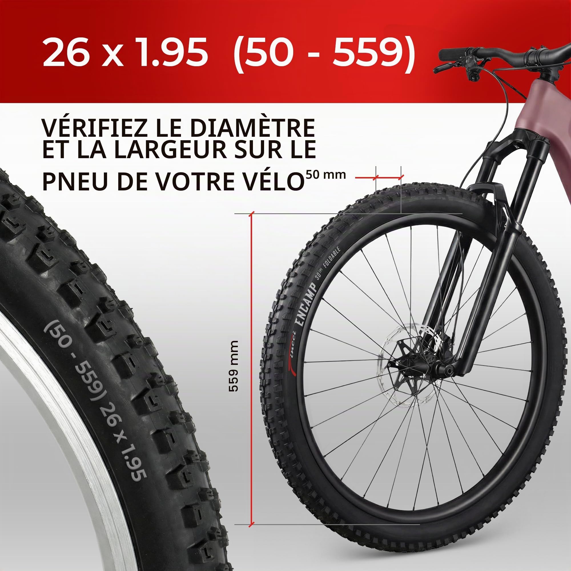 Fincci Pneu VTT 26x1.95 50-559 Pliable 30 TPI pour XC et Enduro (Lot de 2) | Pneus VTT Pliables 26 Pouces x1.95, ETRTO 50-559, 30 TPI - Pour XC, Randonnée, Enduro, Vélo Hybride et VAE - Lot de 2