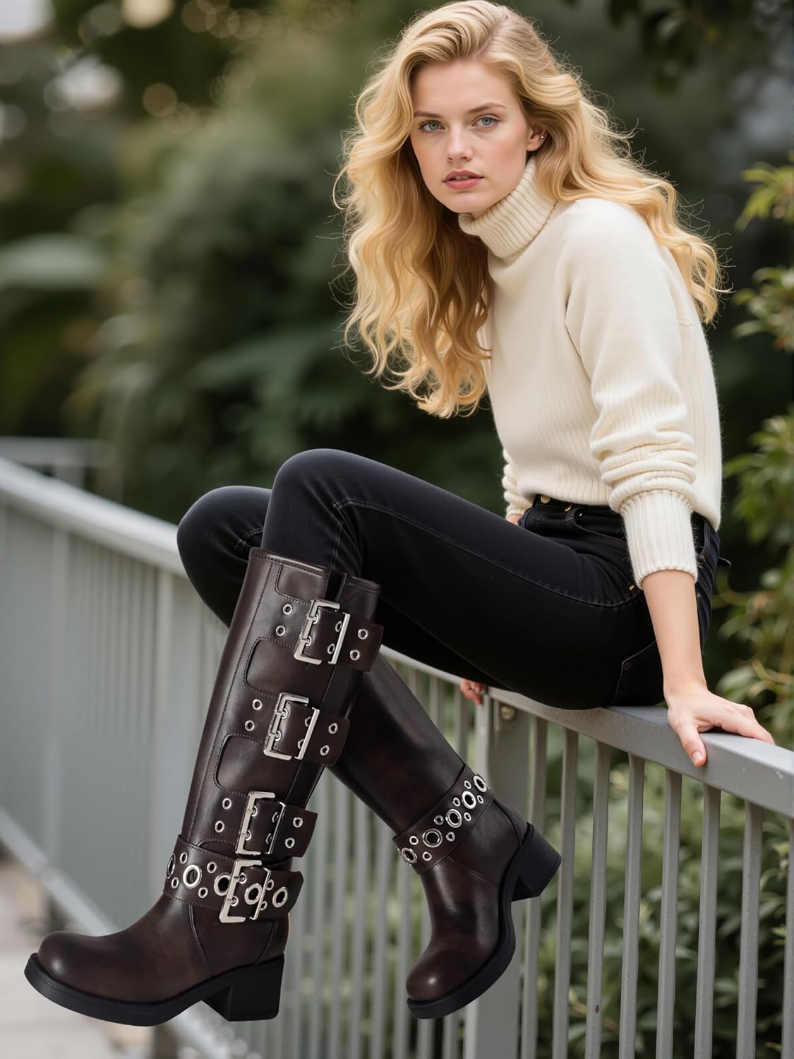 AMINUGAL Knee High Boots Women Square Toe Pull On Wide Calf Riding Fashion Buckles Chunky Metallic Casual Vintage Buckle Rivet