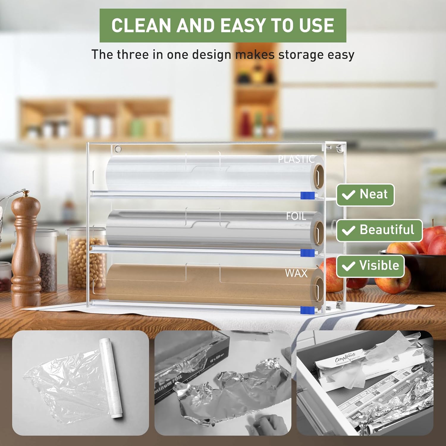 Kitchen Wrap Organizer, Foil and Plastic Wrap Organizer 3 in 1 with Sliding Cutter, Acrylic Wrap Dispenser for Drawer or Wall Mount, Fits 12 Inch Rolls - Image 5