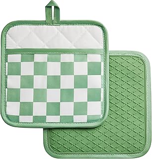 Sage Green Checkered Pot Holder, Checkerboard Potholders for Kitchen, Silicone Pot Holders with Pocket for Kitchen Clearance 2 Pack Set, Hot Pads and Oven Mitts for Cooking Baking