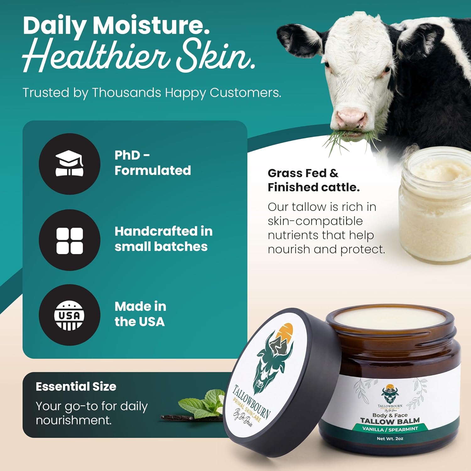Grass Fed Beef Tallow Balm for Face and Body with Shea Butter, Organic Jojoba Oil, Honey, and Beeswax – Beef Tallow for Skin – Vanilla and Spearmint – 2 oz