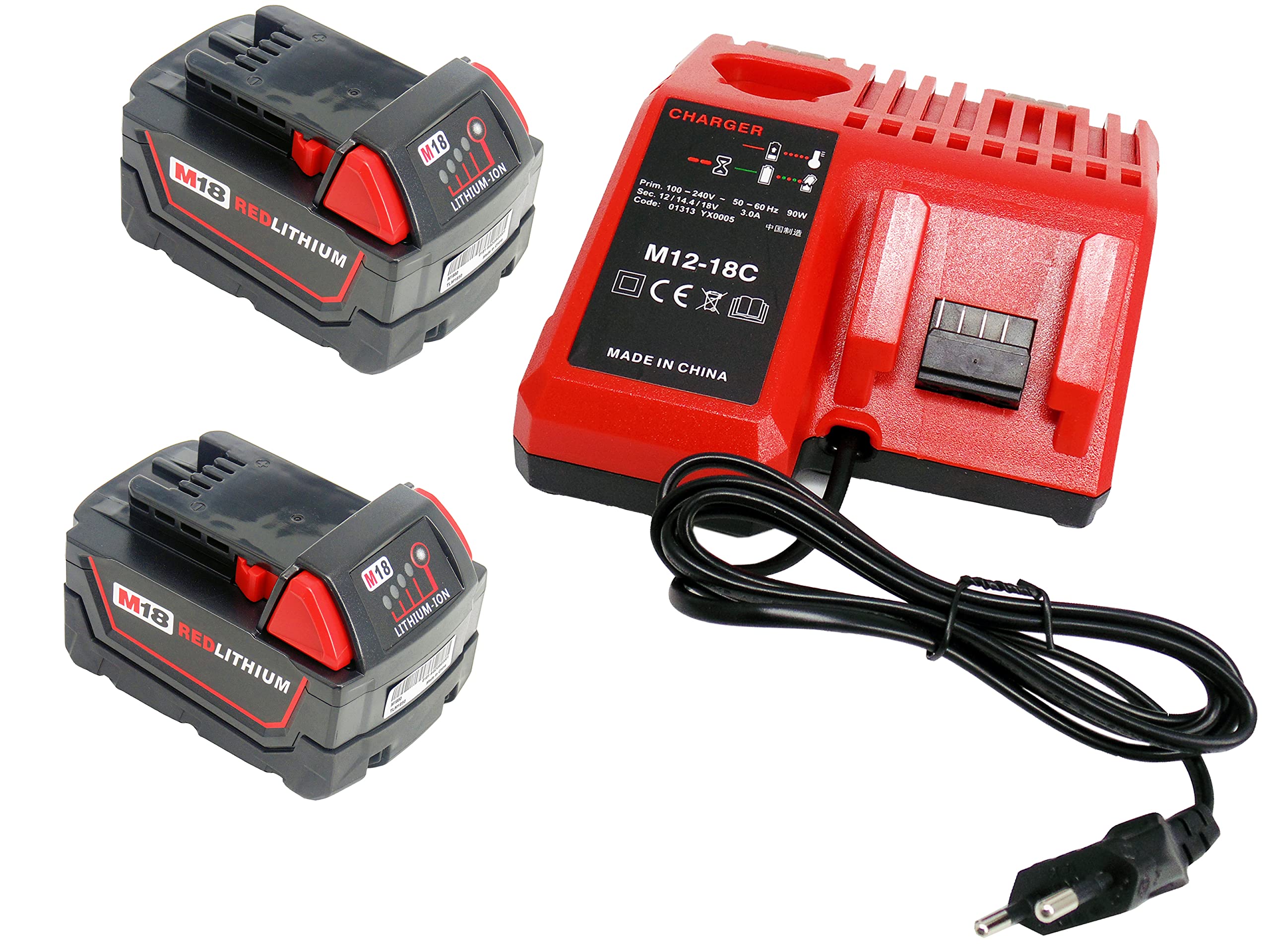 2 Pack Baterías de Litio 5.0Ah 18V M18 de Repuesto para Batería Milwaukee M18 con 1 Cargador para Milwaukee M-12/M-18