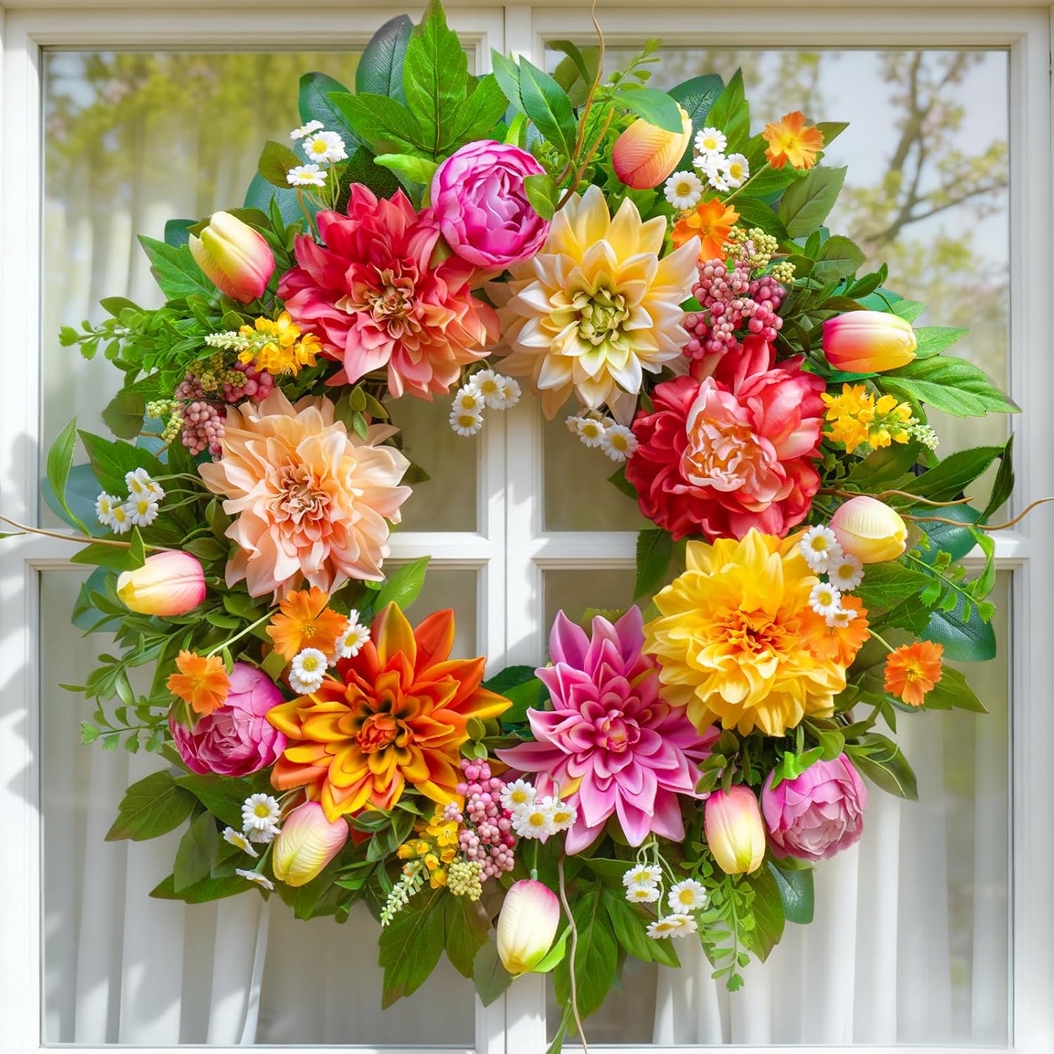 Spring Wreath 24 Inch Summer Wreaths for Front Door with Dahlia and Greenery, Wreath for All Seasons,Spring and Summer Wreaths for Front Door Outside or Indoor